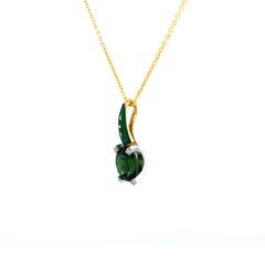 Collier pendentif tourmaline verte et émail or jaune 18k 5 diamants 0.03ct