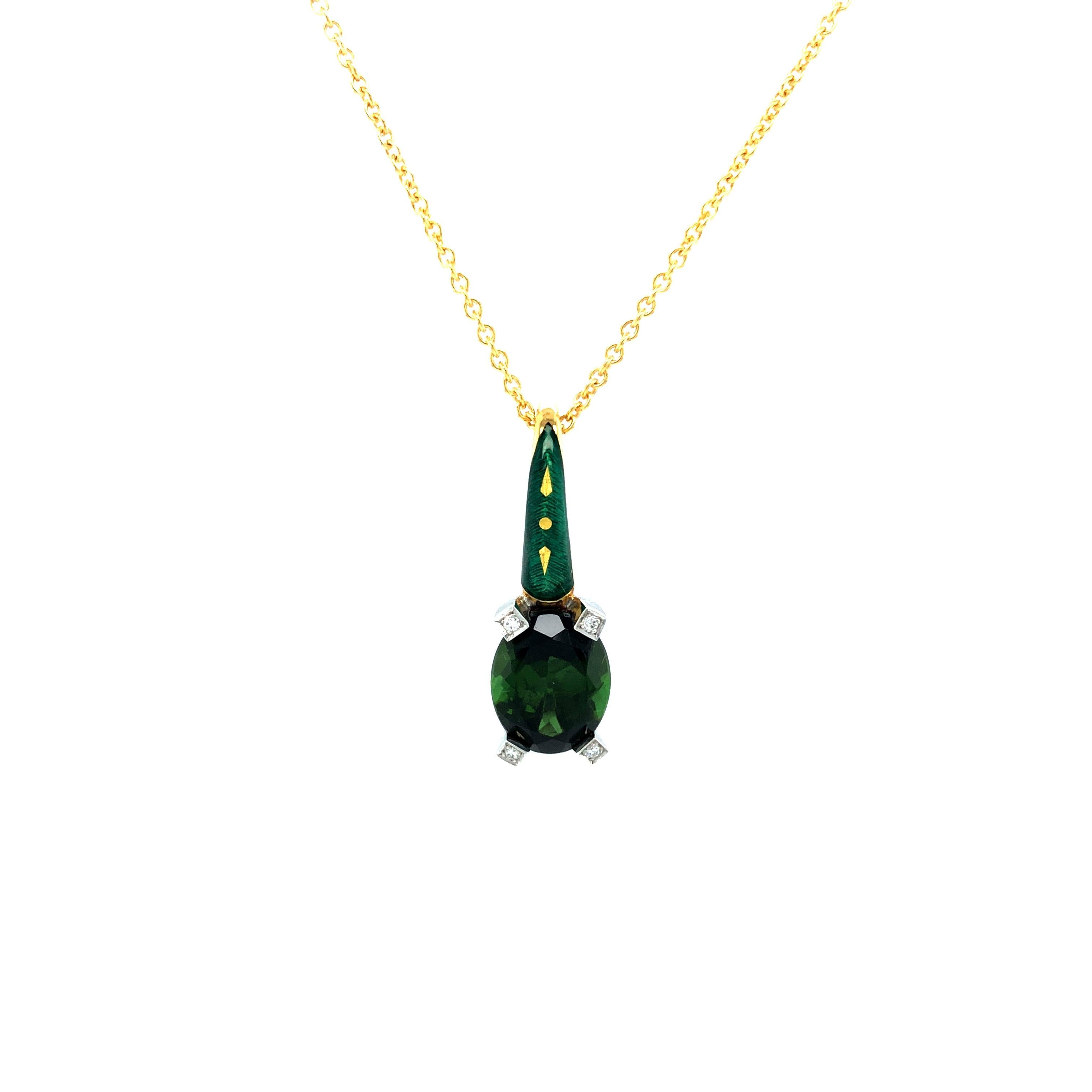 Green Tourmaline & Enamel Pendant Necklace 18k Yellow Gold 5 Diamonds 0.03ct In New Condition For Sale In Pforzheim, DE