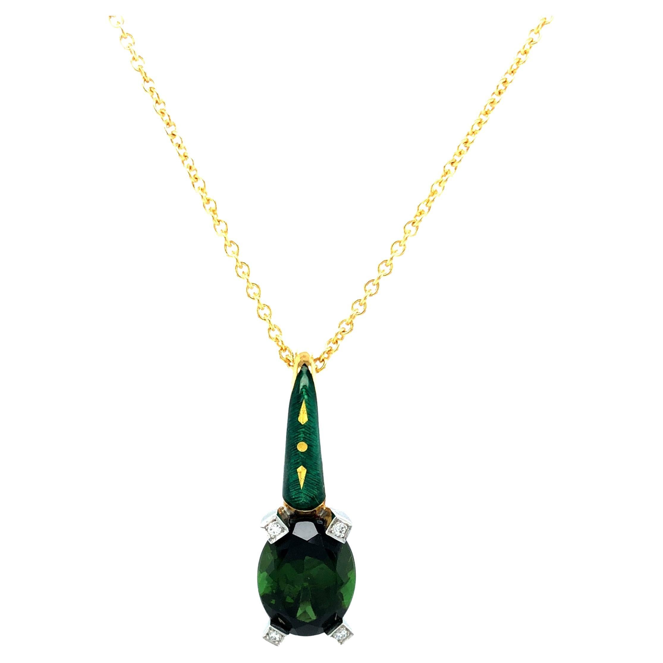 Green Tourmaline & Enamel Pendant Necklace 18k Yellow Gold 5 Diamonds 0.03ct For Sale