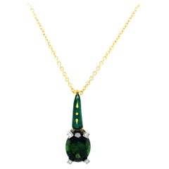 Green Tourmaline & Enamel Pendant Necklace 18k Yellow Gold 5 Diamonds 0.03ct