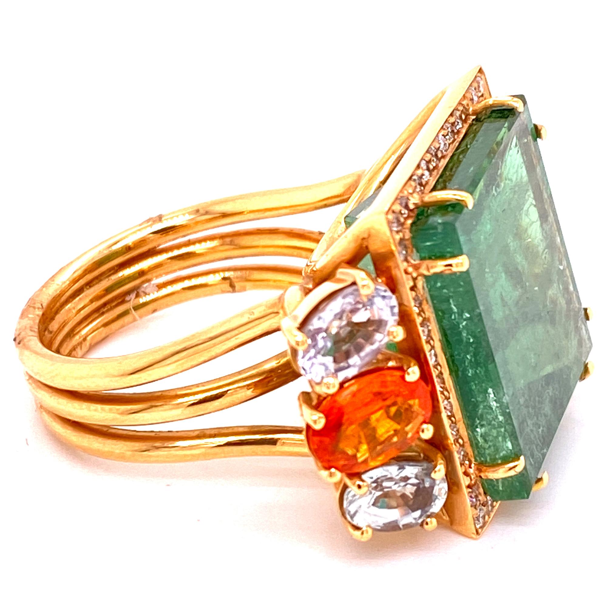 Contemporary 22-Carat Green Tourmaline Fire Opal Sapphire Diamond 18KY Gold Cocktail Ring