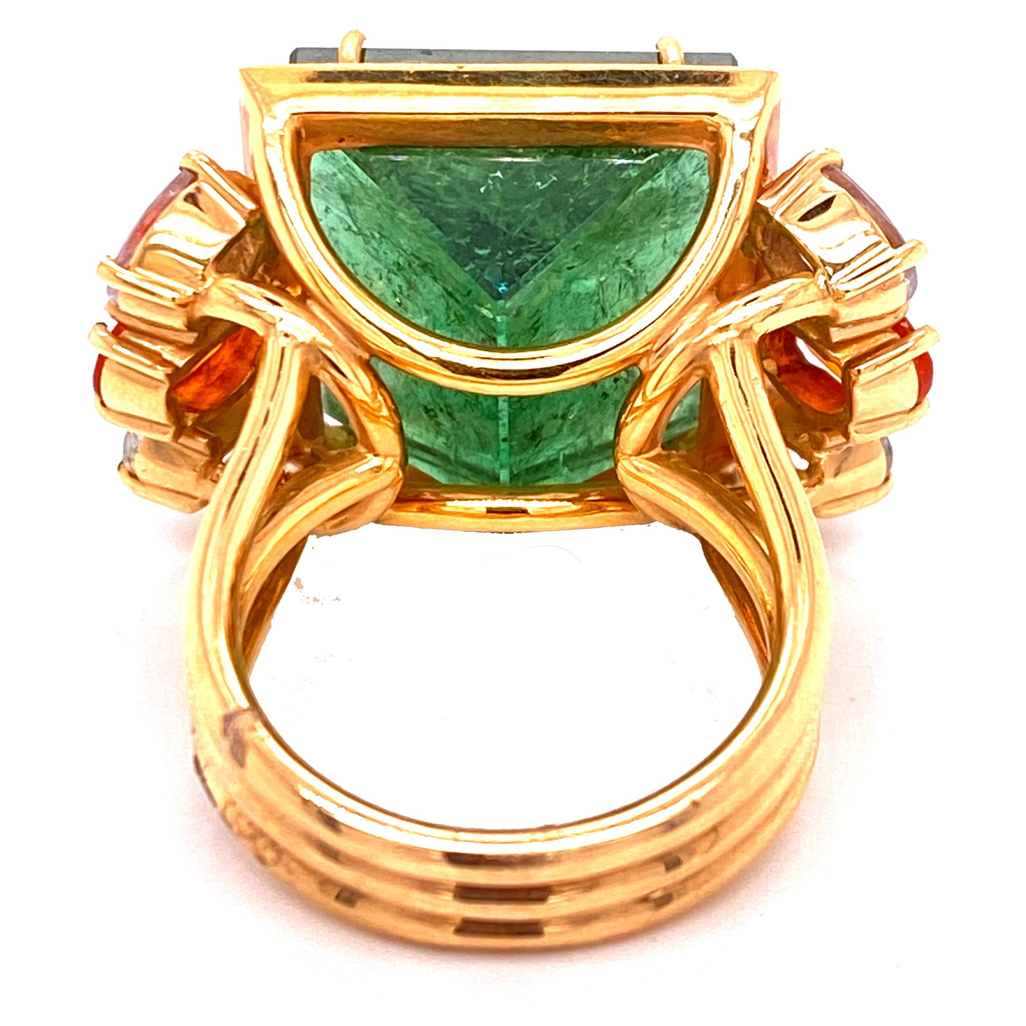 Princess Cut 22-Carat Green Tourmaline Fire Opal Sapphire Diamond 18KY Gold Cocktail Ring