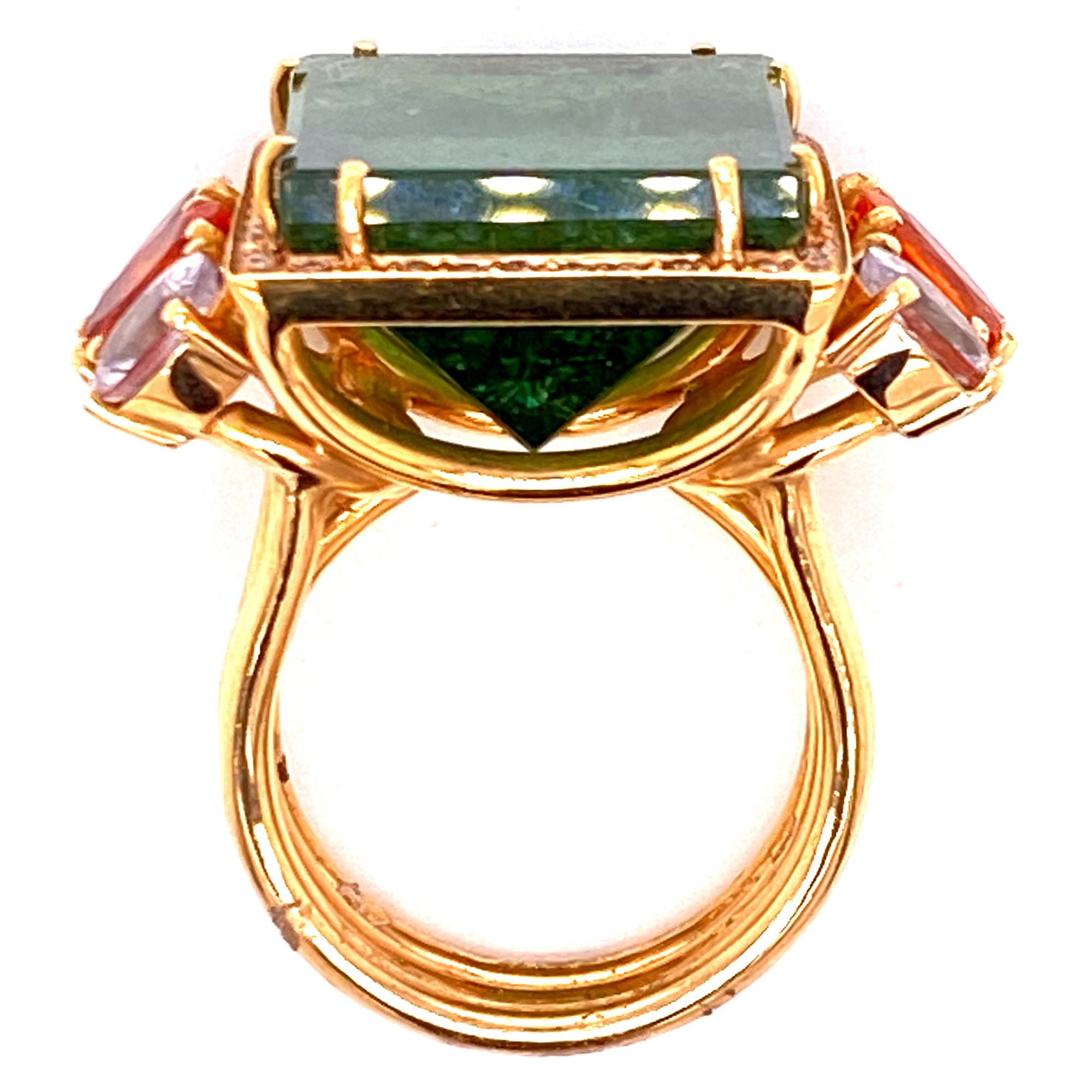 22-Carat Green Tourmaline Fire Opal Sapphire Diamond 18KY Gold Cocktail Ring In Excellent Condition In Boca Raton, FL