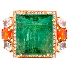 Retro 22-Carat Green Tourmaline Fire Opal Sapphire Diamond 18KY Gold Cocktail Ring