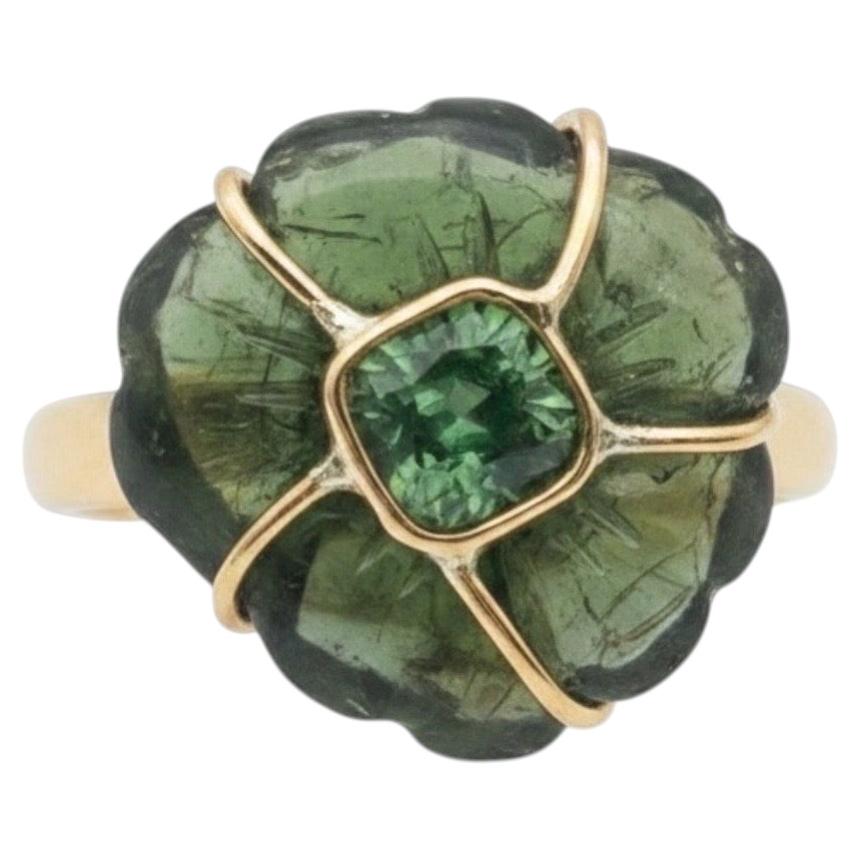 Green Tourmaline Flower Ring with 14k Gold, 3mm wide band