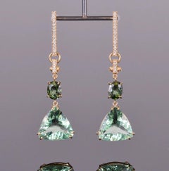 Pendientes Colgantes de Oro Amarillo con Turmalina Verde, Fluorita y Diamante