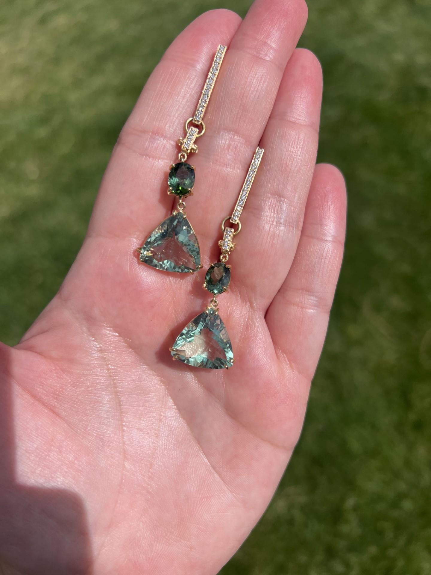 Trillion Cut Green Tourmaline, Fluorite and Diamond Dangle Earrings in Yellow Gold For Sale