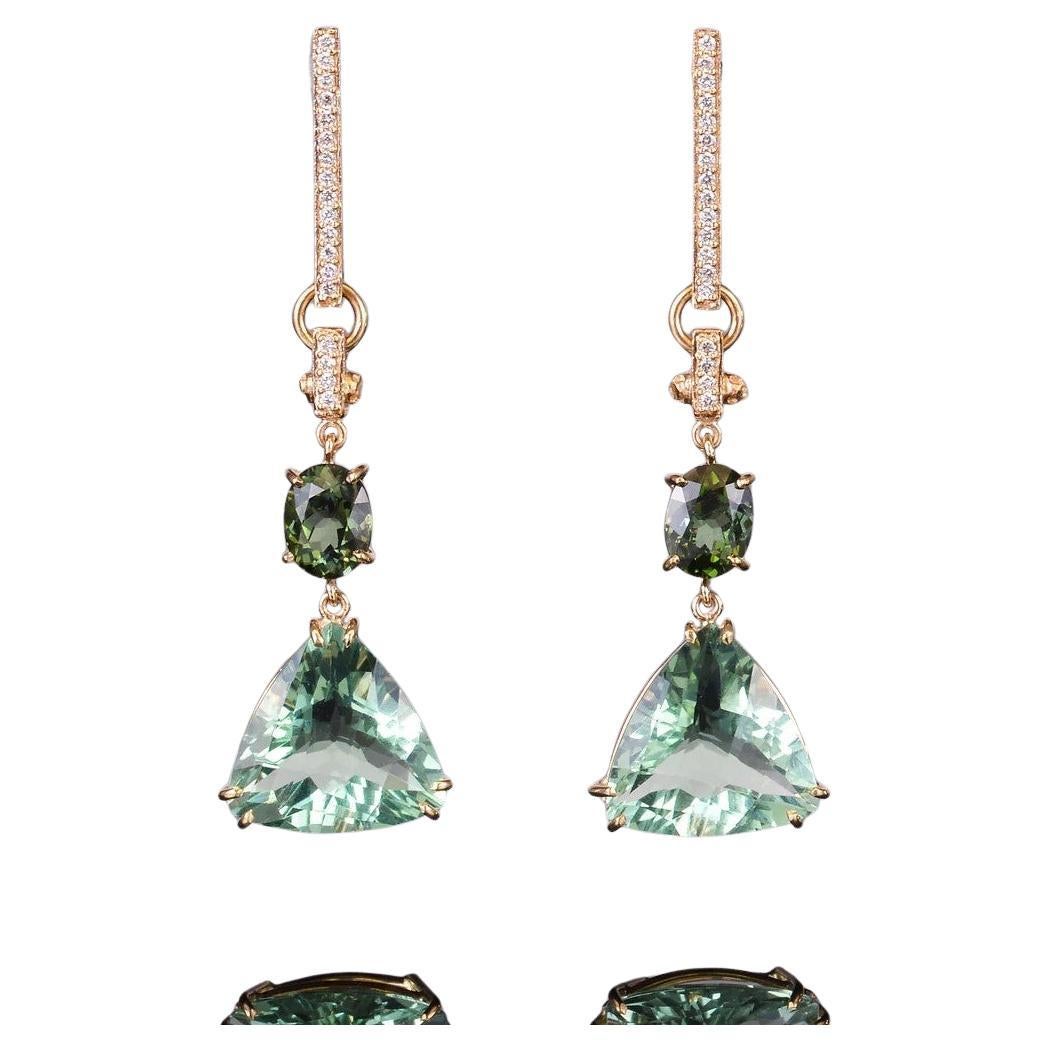 Green Tourmaline, Fluorite and Diamond Dangle Earrings in Yellow Gold