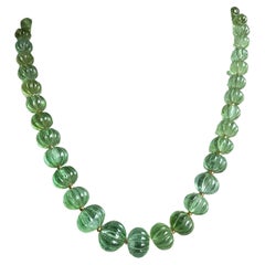 Green Tourmaline Fluted Beaded Jewelry Necklace Melon Beads Gem Quality