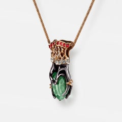 Green Tourmaline, Garnet and Gold-Plated Sterling Silver Sculptural Hand Pendant