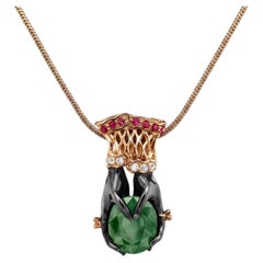 Green Tourmaline, Garnet and Gold-Plated Sterling Silver Sculptural Hand Pendant