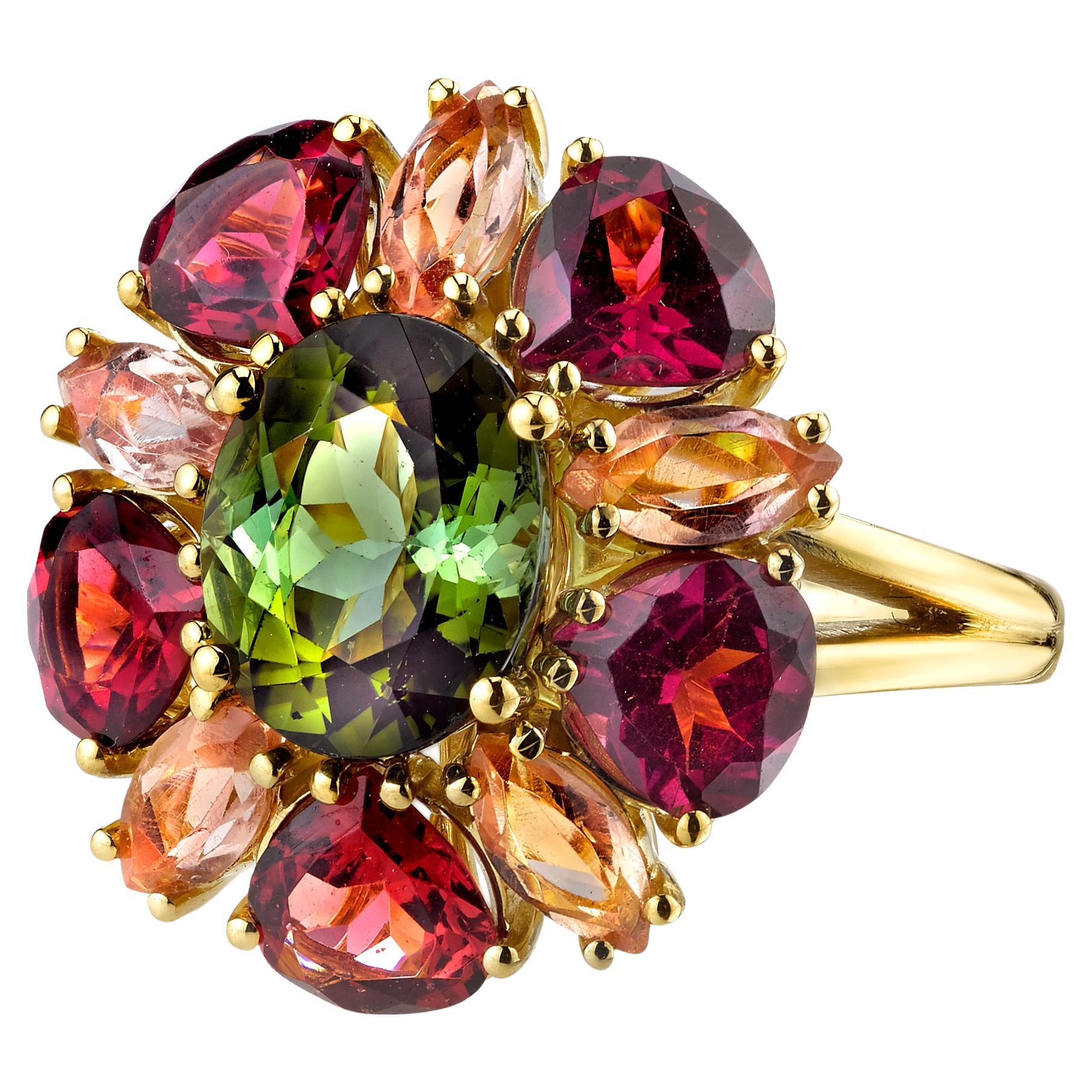 Green Tourmaline, Garnet and Precious Topaz Cocktail Ring in 18k Yellow Gold