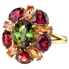 wow onyx gem cluster Green Tourmaline, Garnet and Precious Topaz Cocktail Ring in 18k Yellow Gold