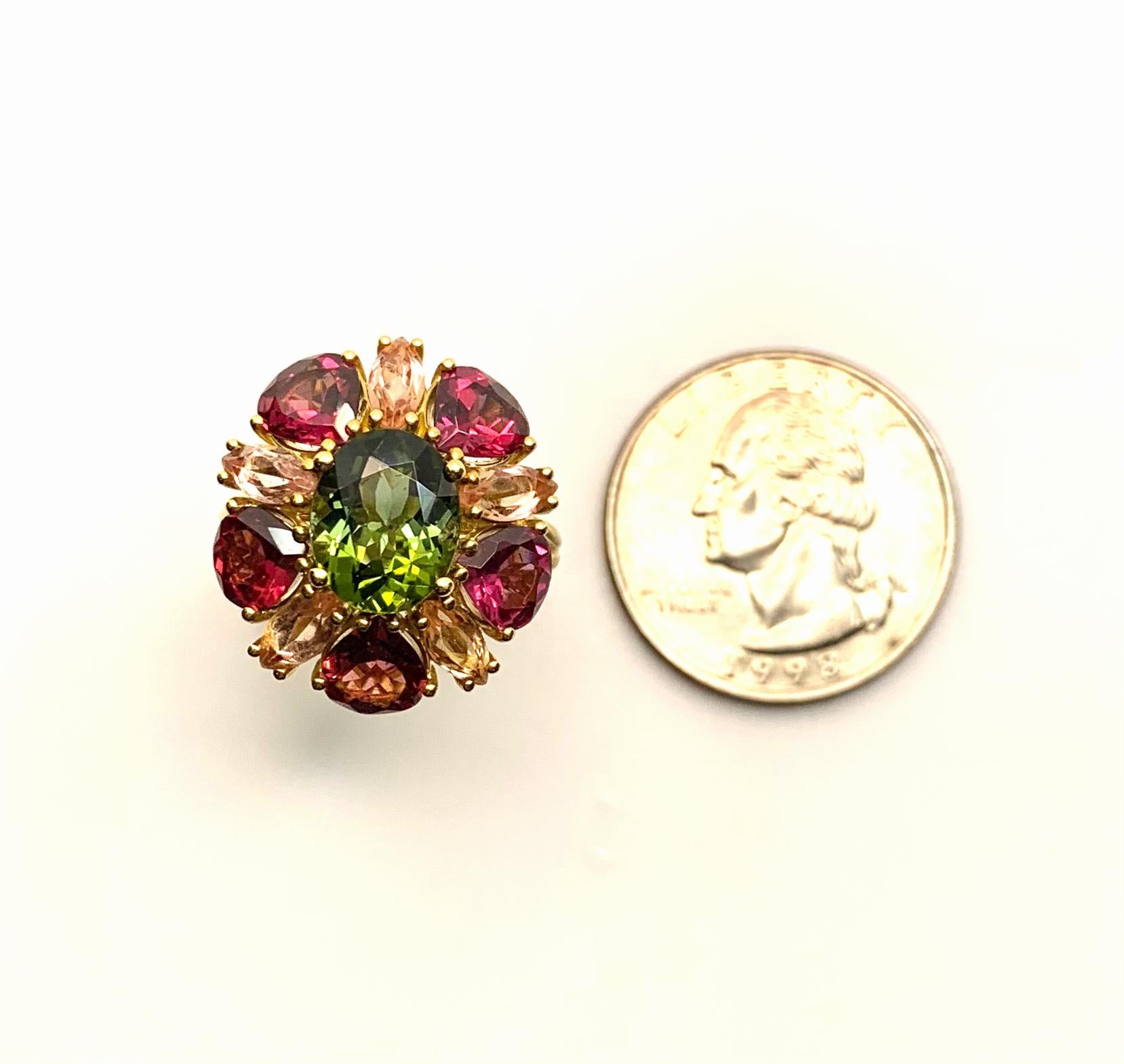 Artisan Green Tourmaline, Garnet and Precious Topaz Cocktail Ring in 18k Yellow Gold For Sale
