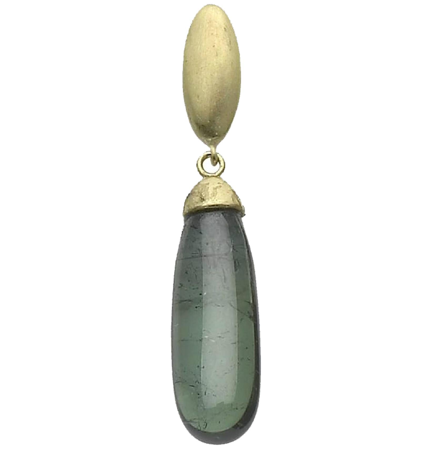 Top of 18kt yellow gold hand finished pebble earrings with smooth cabochon green Tourmaline drops
