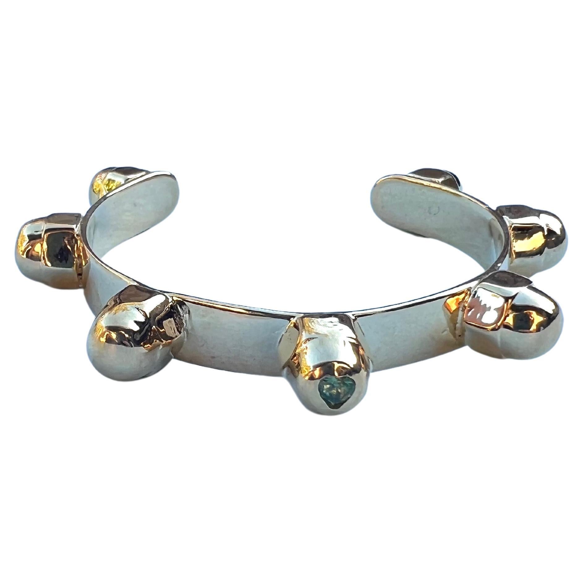 Victorian Green Tourmaline Heart Cuff Bangle Bracelet Gold Plated Studs J Dauphin For Sale