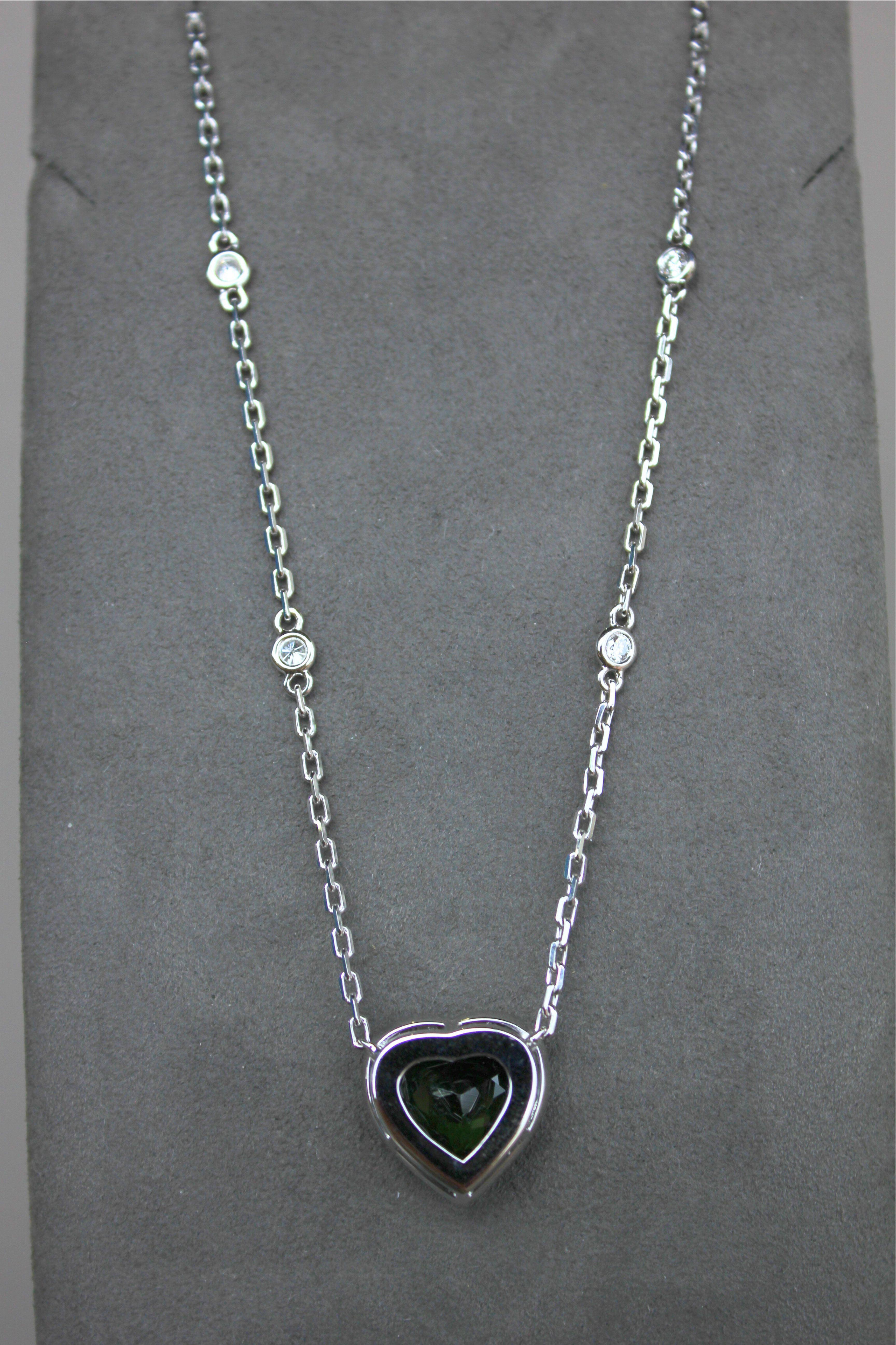 Green Tourmaline Heart Shape Cut Diamond Halo 18K White Gold Pendant Necklace For Sale 5