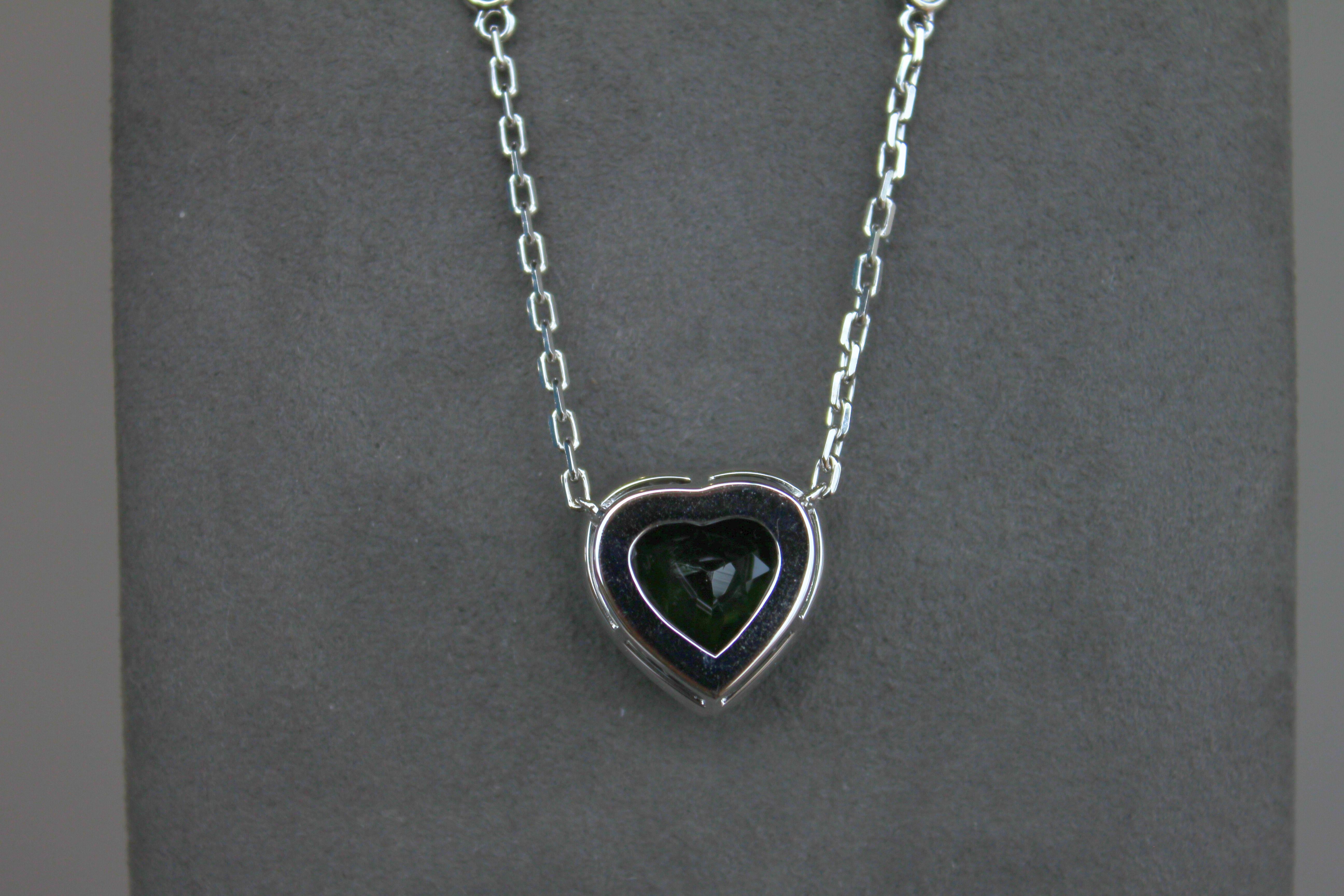 Green Tourmaline Heart Shape Cut Diamond Halo 18K White Gold Pendant Necklace For Sale 6