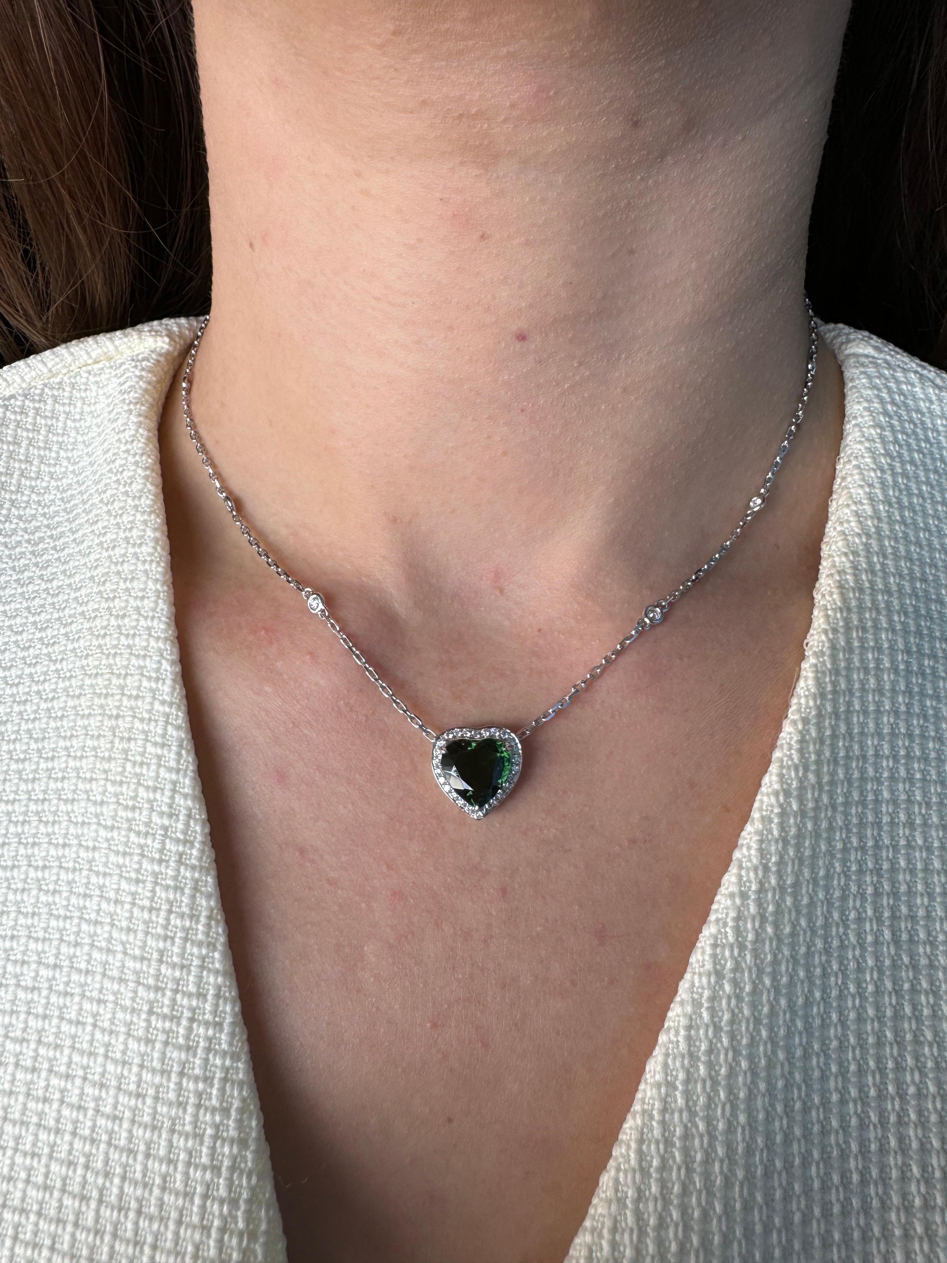 Heart Cut Green Tourmaline Heart Shape Cut Diamond Halo 18K White Gold Pendant Necklace For Sale