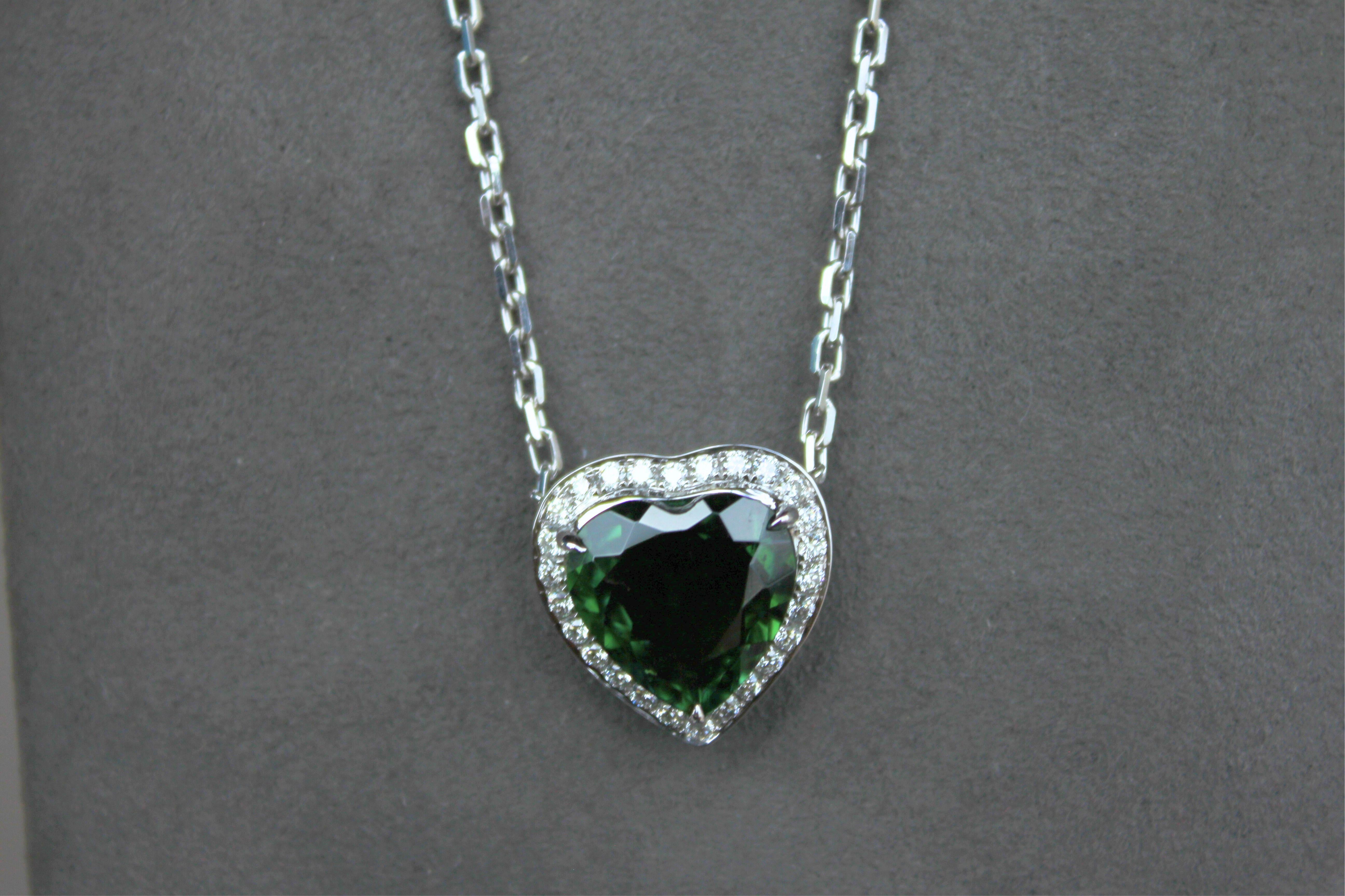 Green Tourmaline Heart Shape Cut Diamond Halo 18K White Gold Pendant Necklace For Sale 1