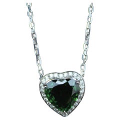 Green Tourmaline Heart Shape Cut Diamond Halo 18K White Gold Pendant Necklace