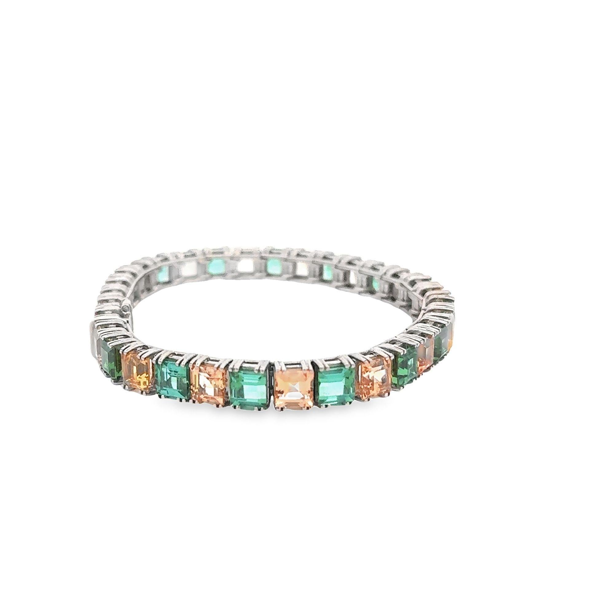 Green Tourmaline & Imperial Topaz 18K White Gold Line Bracelet In New Condition For Sale In Beverly Hills, CA