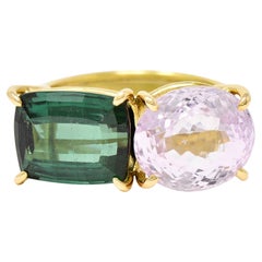 Green Tourmaline Kunzite 14 Karat Gold Double Gemstone Ring