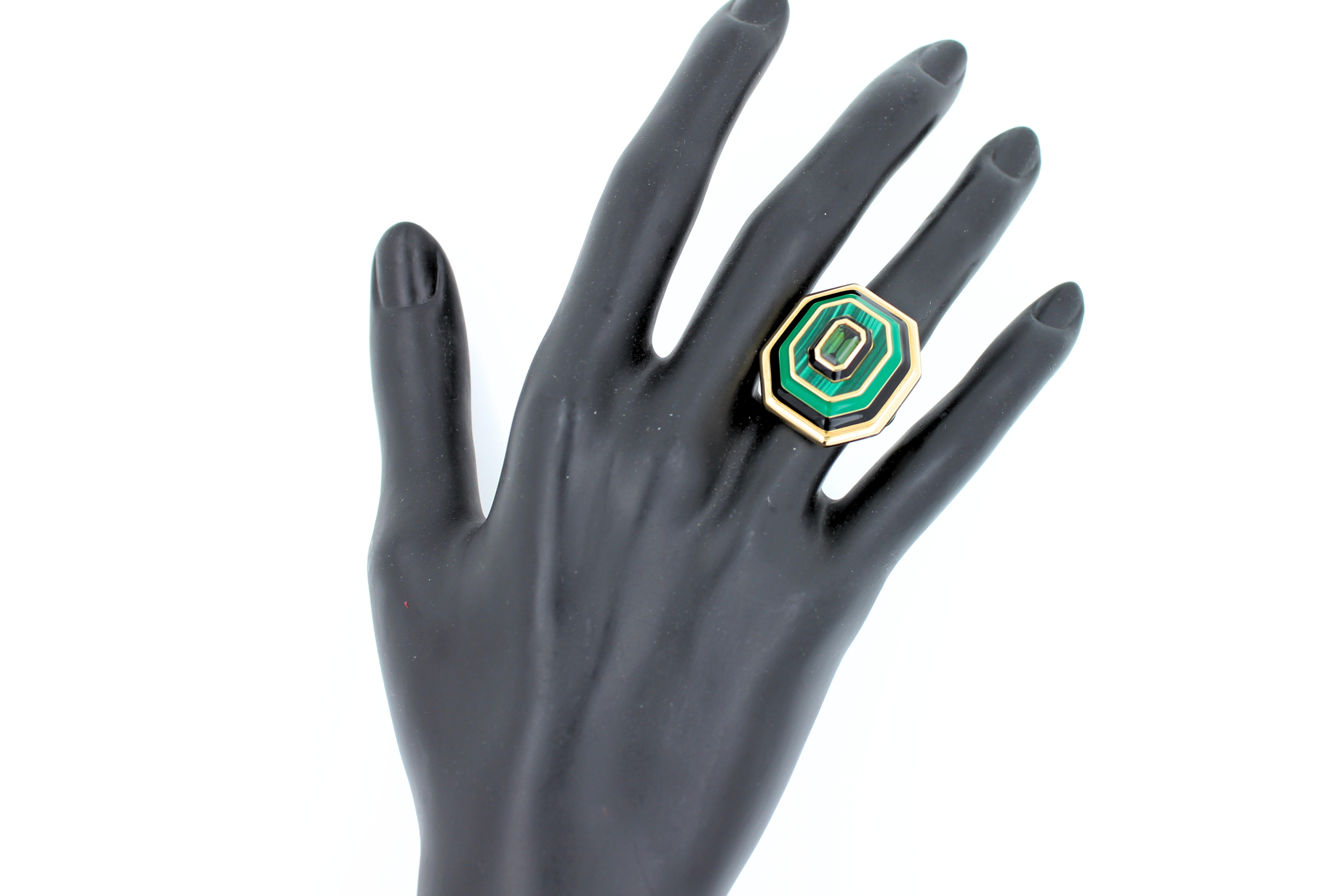 Green Tourmaline Malachite Green Black Enamel 18K Yellow Gold Enamel Unique Ring For Sale 10