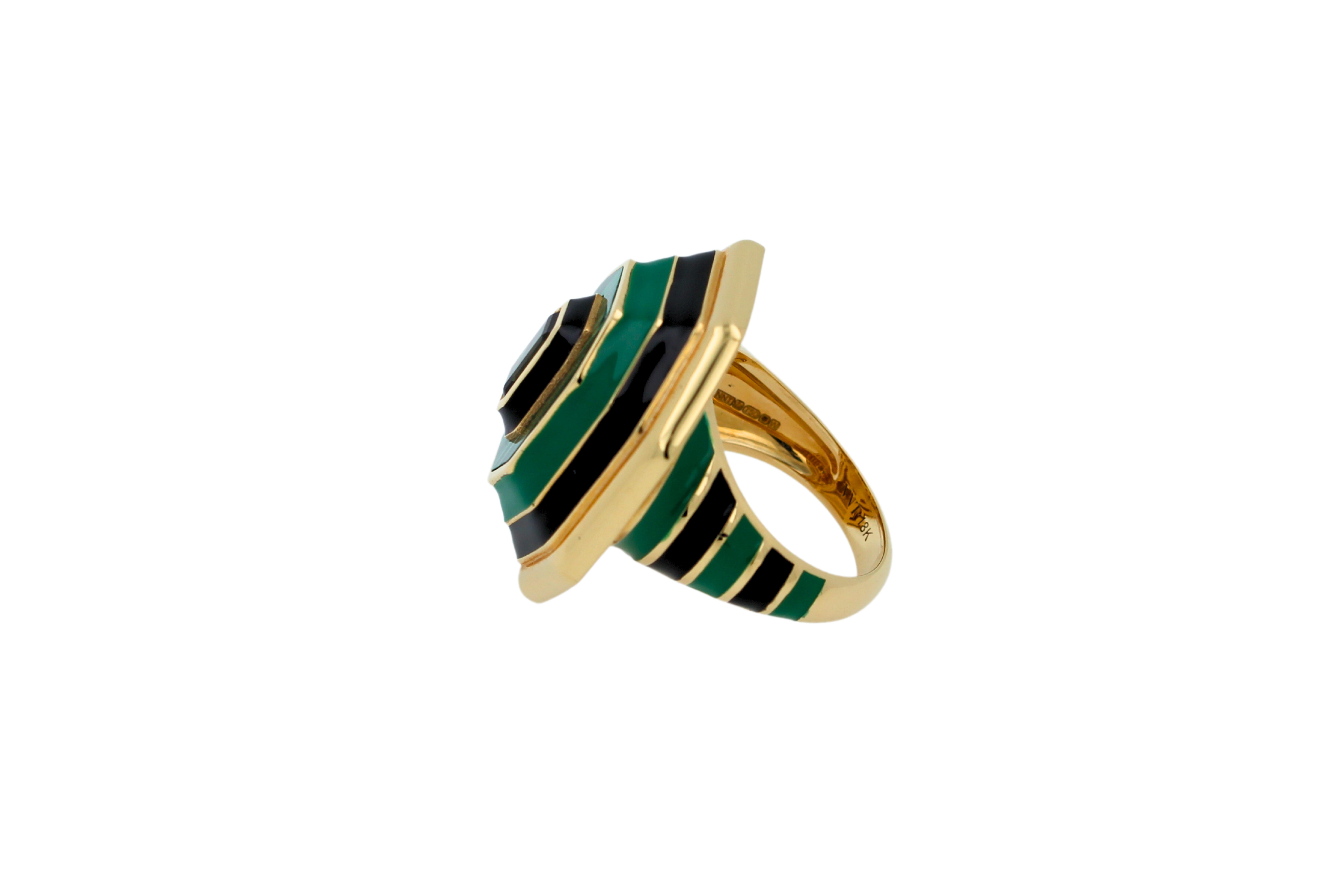 Extremely Beautiful Green Tourmaline Malachite Green Black Enamel 18K Yellow Gold Enamel Unique Ring
Chunky statement with an solid & durable outside & inside finish.  High-end craft and detailed work.  
One-of-a-kind special ring. 
18K Yellow