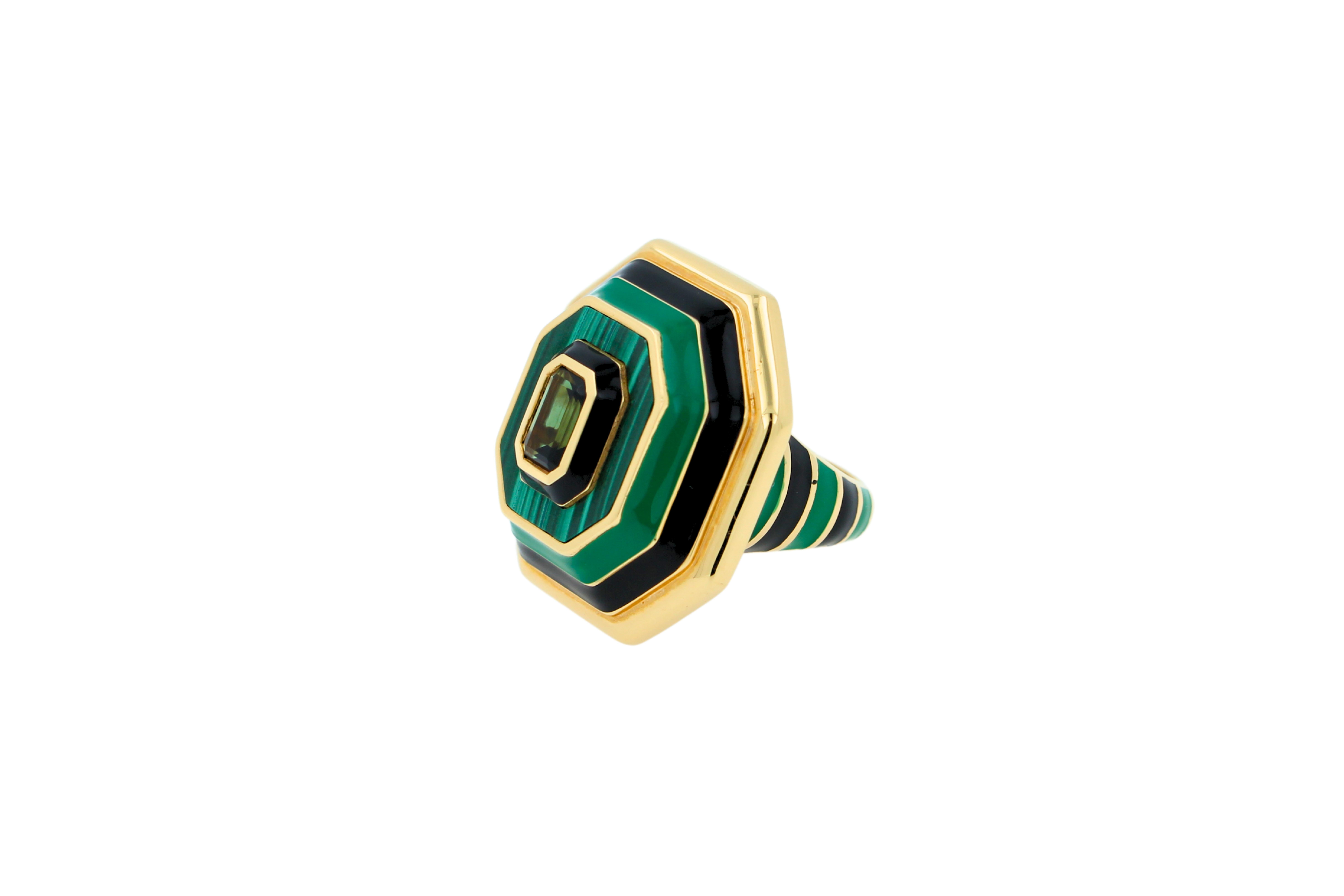 Emerald Cut Green Tourmaline Malachite Green Black Enamel 18K Yellow Gold Enamel Unique Ring For Sale