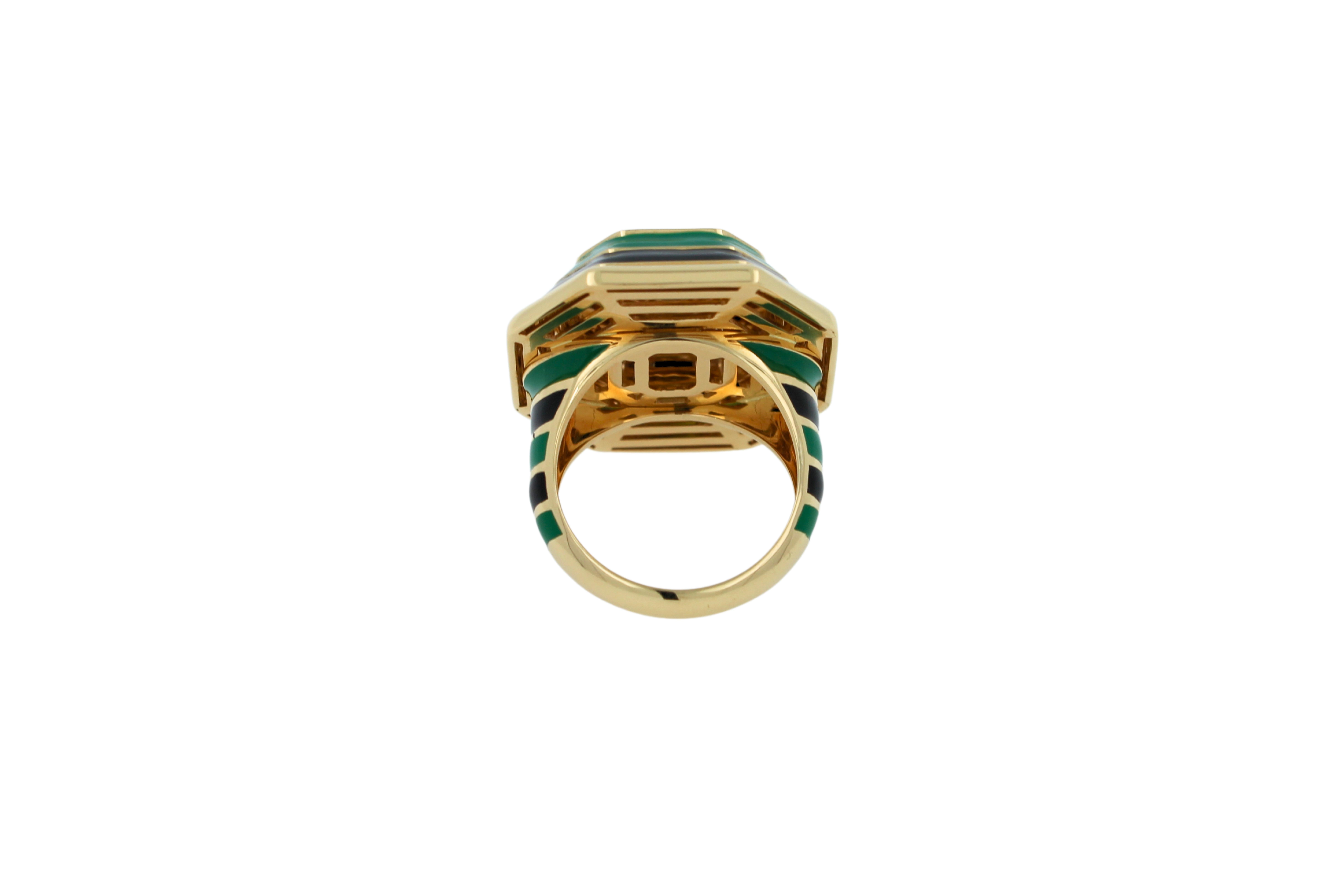 Green Tourmaline Malachite Green Black Enamel 18K Yellow Gold Enamel Unique Ring For Sale 1