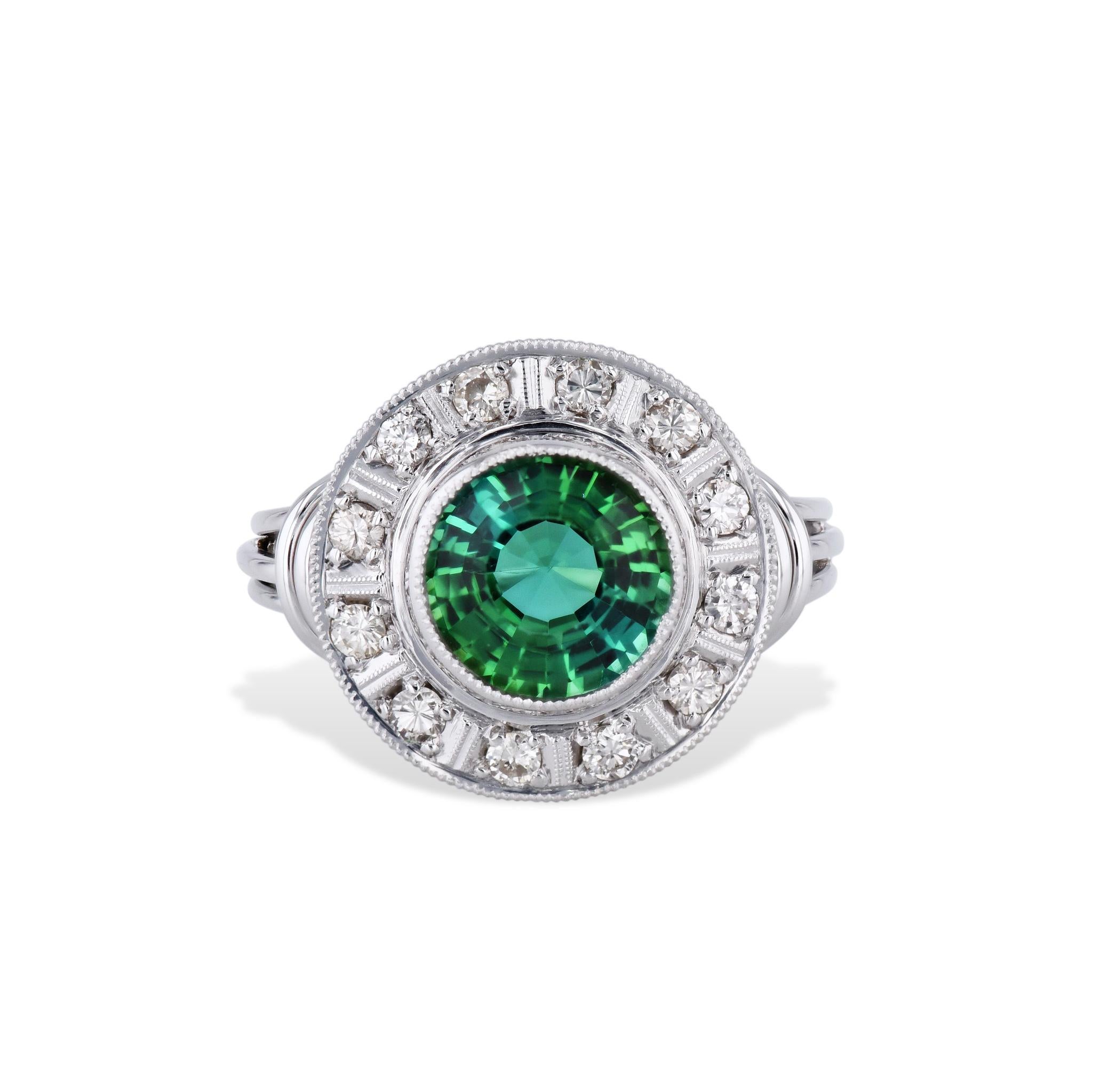 Modern Green Tourmaline Milgraine Diamond Estate Ring For Sale