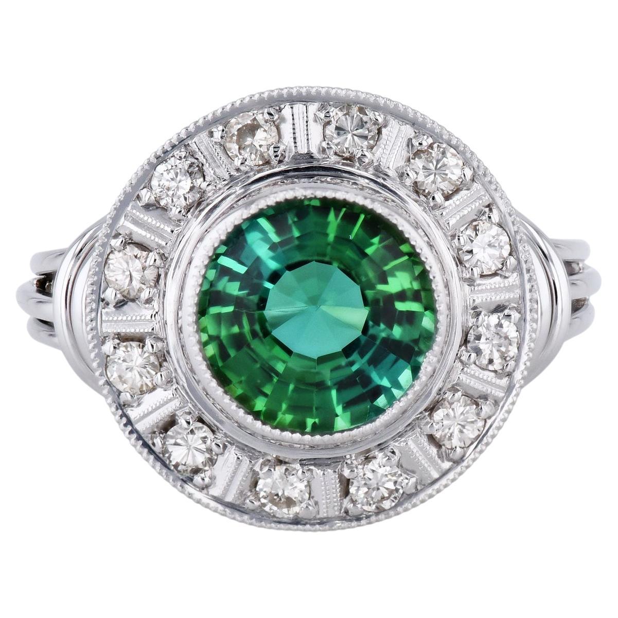 Green Tourmaline Milgraine Diamond Estate Ring For Sale