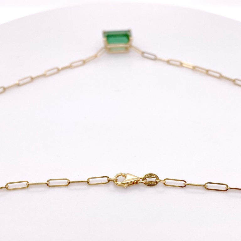 Women's Green Tourmaline Necklace, Paperclip Chain, 3.3 Ct Emerald Cut Original Pendant For Sale