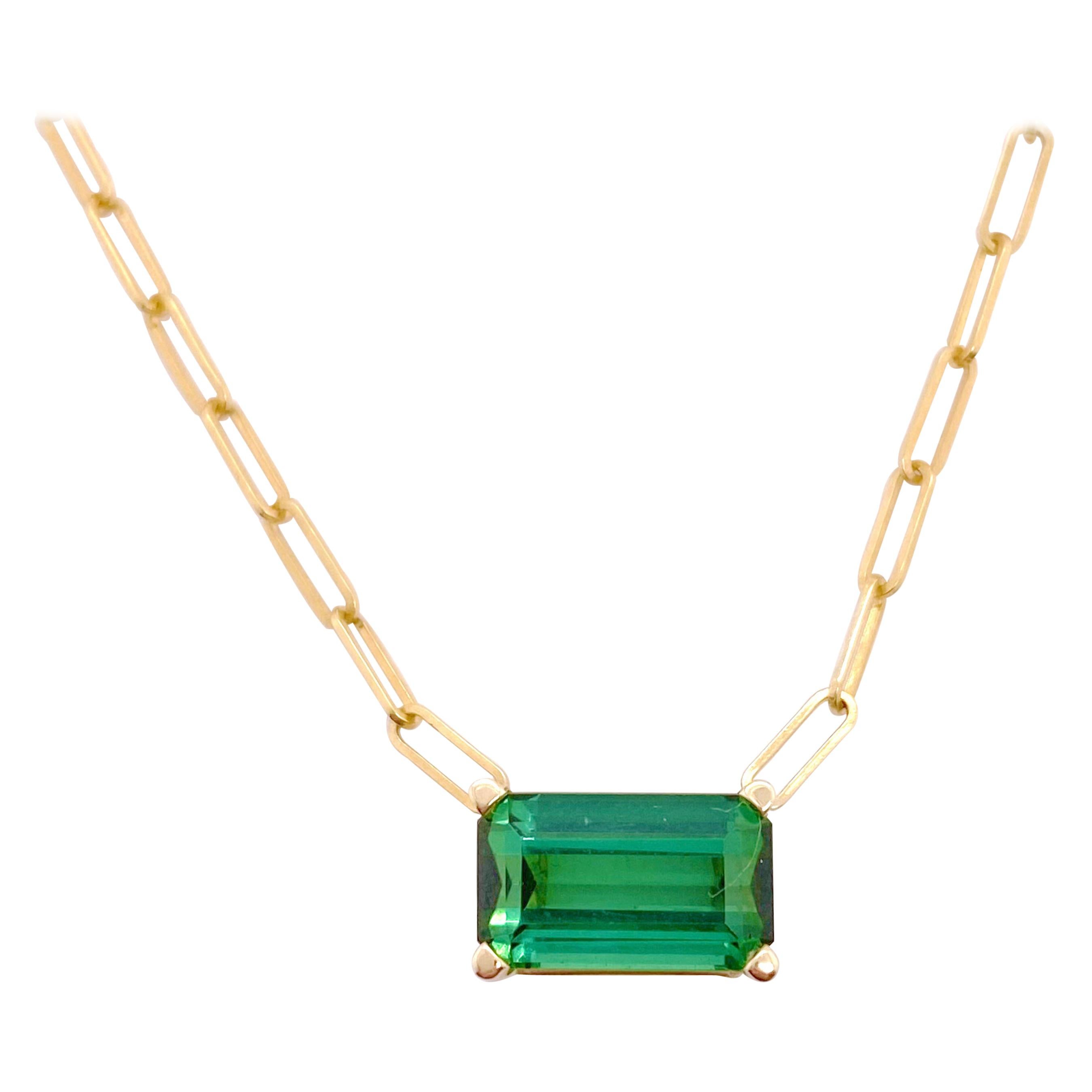 Green Tourmaline Necklace, Paperclip Chain, 3.3 Ct Emerald Cut Original Pendant