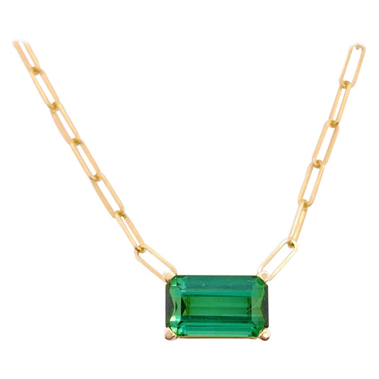 Green Tourmaline Necklace, Paperclip Chain, 3.3 Ct Emerald Cut Original Pendant For Sale