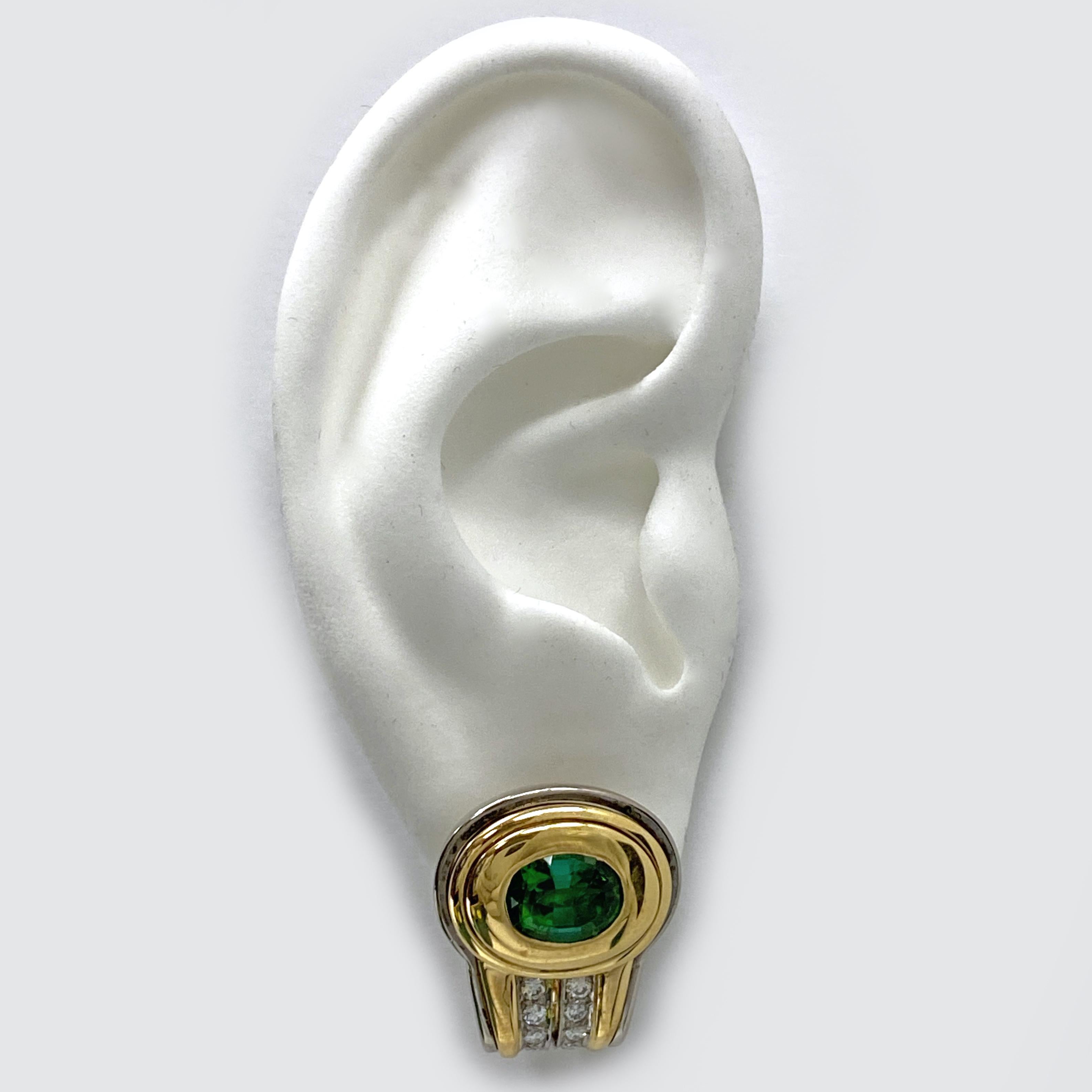 Green Tourmaline Omega Clip Post Earrings with White Diamonds in 18 Karat Gold For Sale 4
