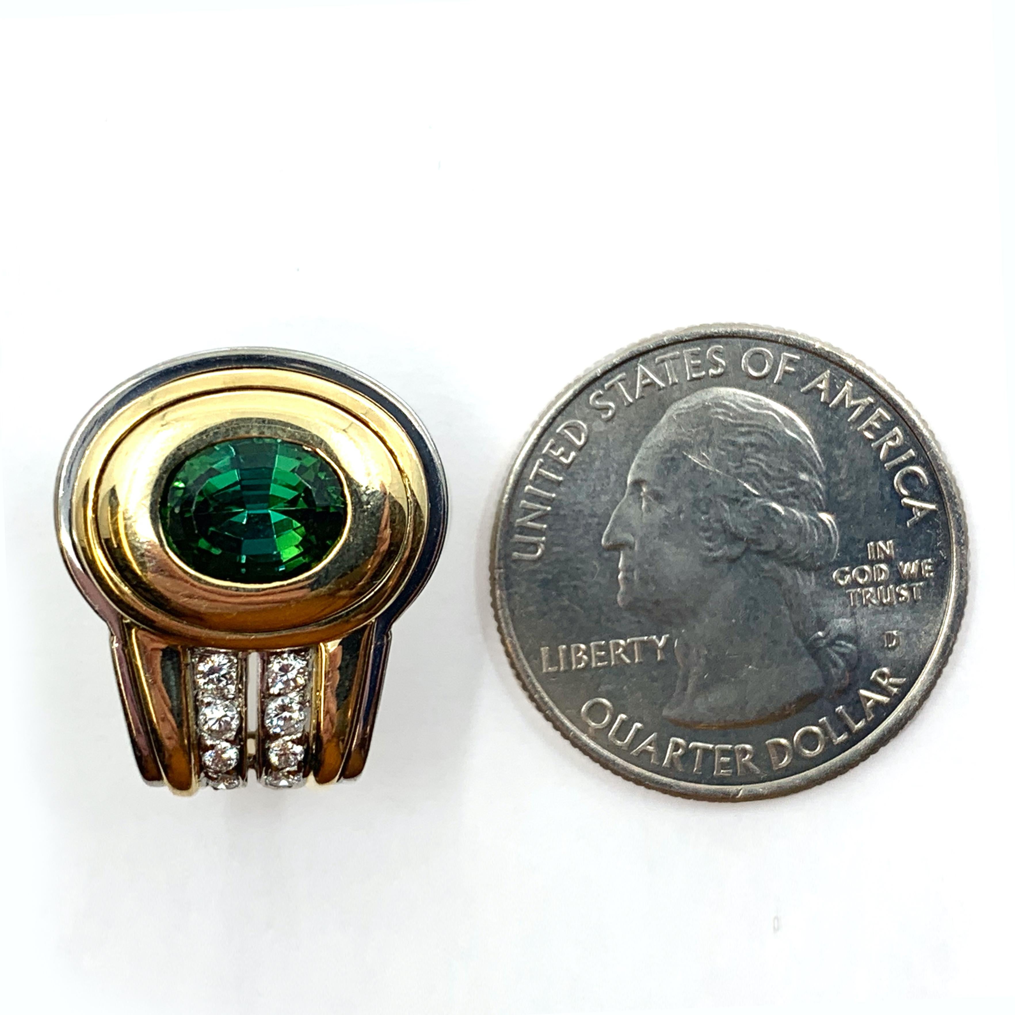 Green Tourmaline Omega Clip Post Earrings with White Diamonds in 18 Karat Gold For Sale 5