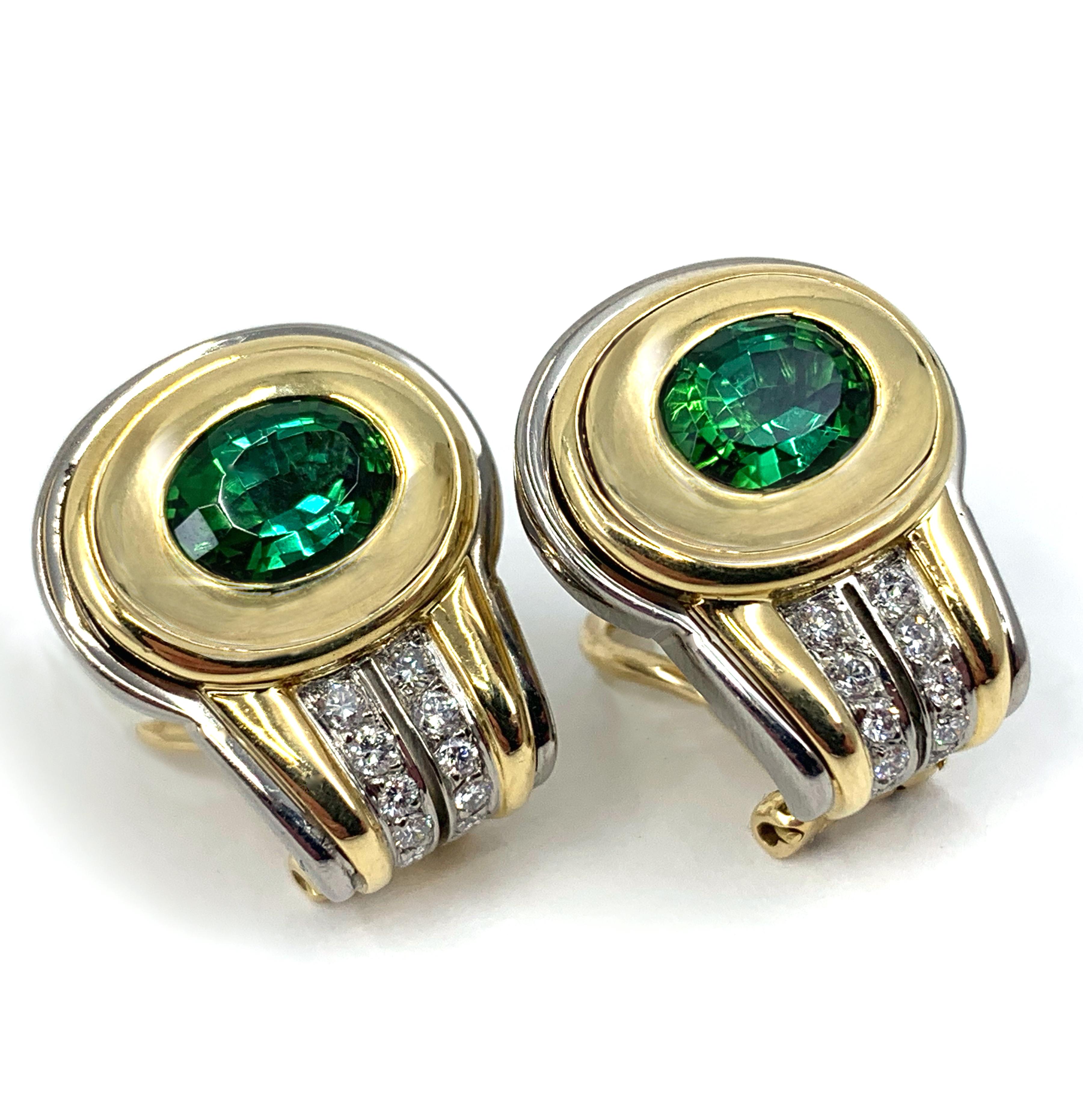 Contemporary Green Tourmaline Omega Clip Post Earrings with White Diamonds in 18 Karat Gold For Sale