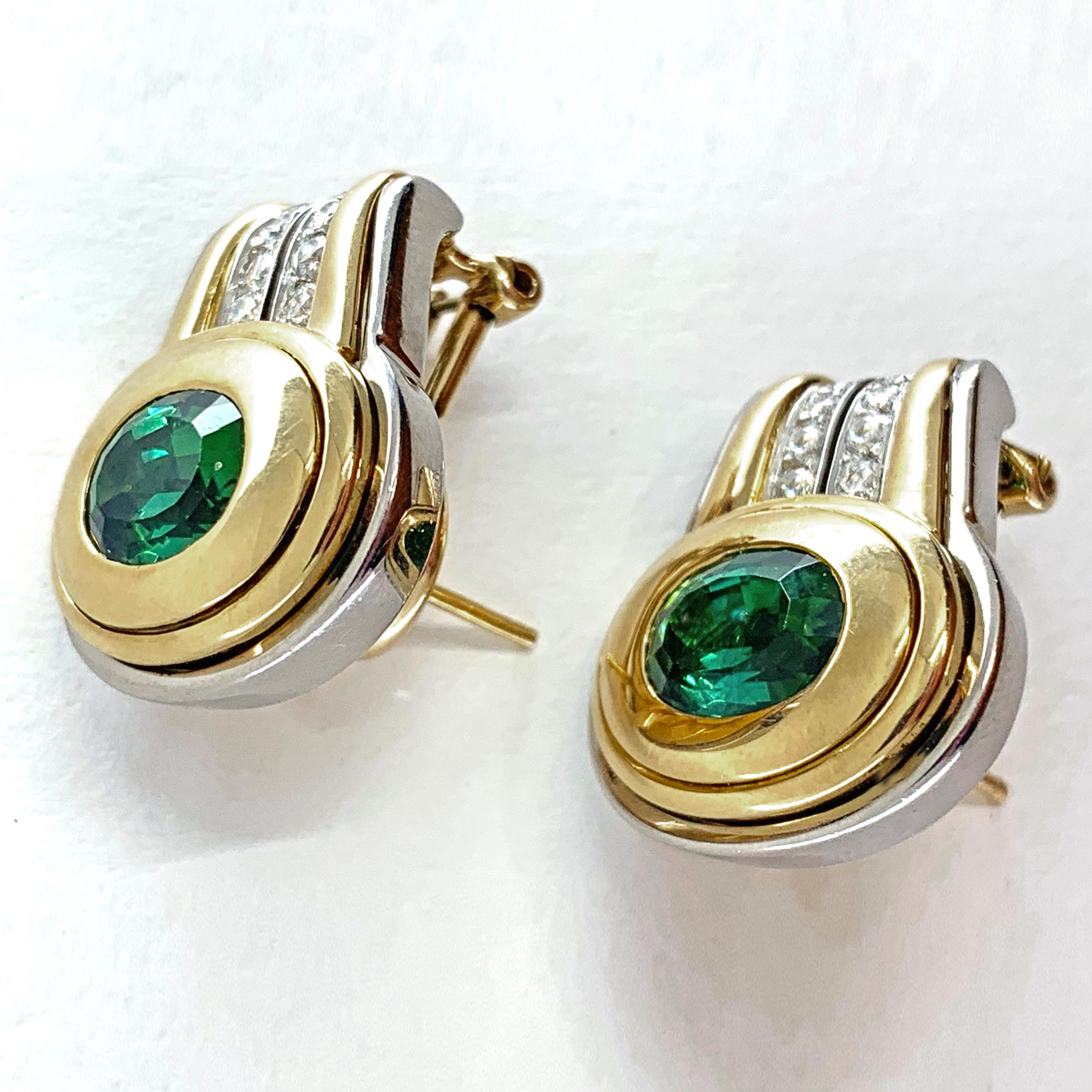 Mixed Cut Green Tourmaline Omega Clip Post Earrings with White Diamonds in 18 Karat Gold For Sale