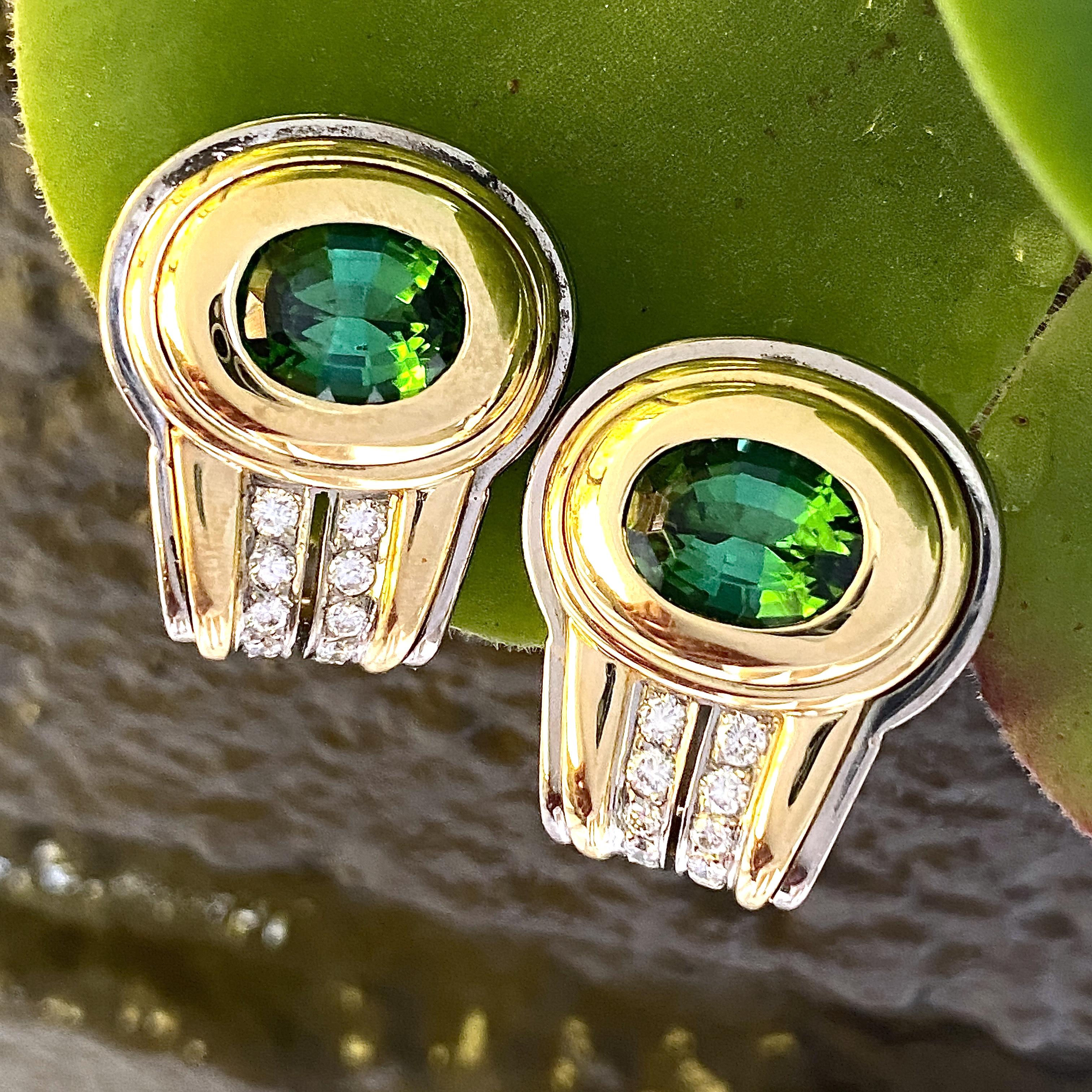 Green Tourmaline Omega Clip Post Earrings with White Diamonds in 18 Karat Gold In Excellent Condition For Sale In Sherman Oaks, CA