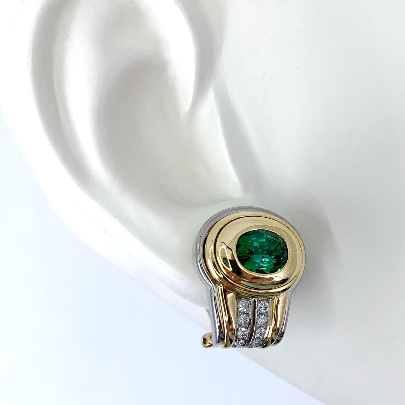 Women's or Men's Green Tourmaline Omega Clip Post Earrings with White Diamonds in 18 Karat Gold For Sale