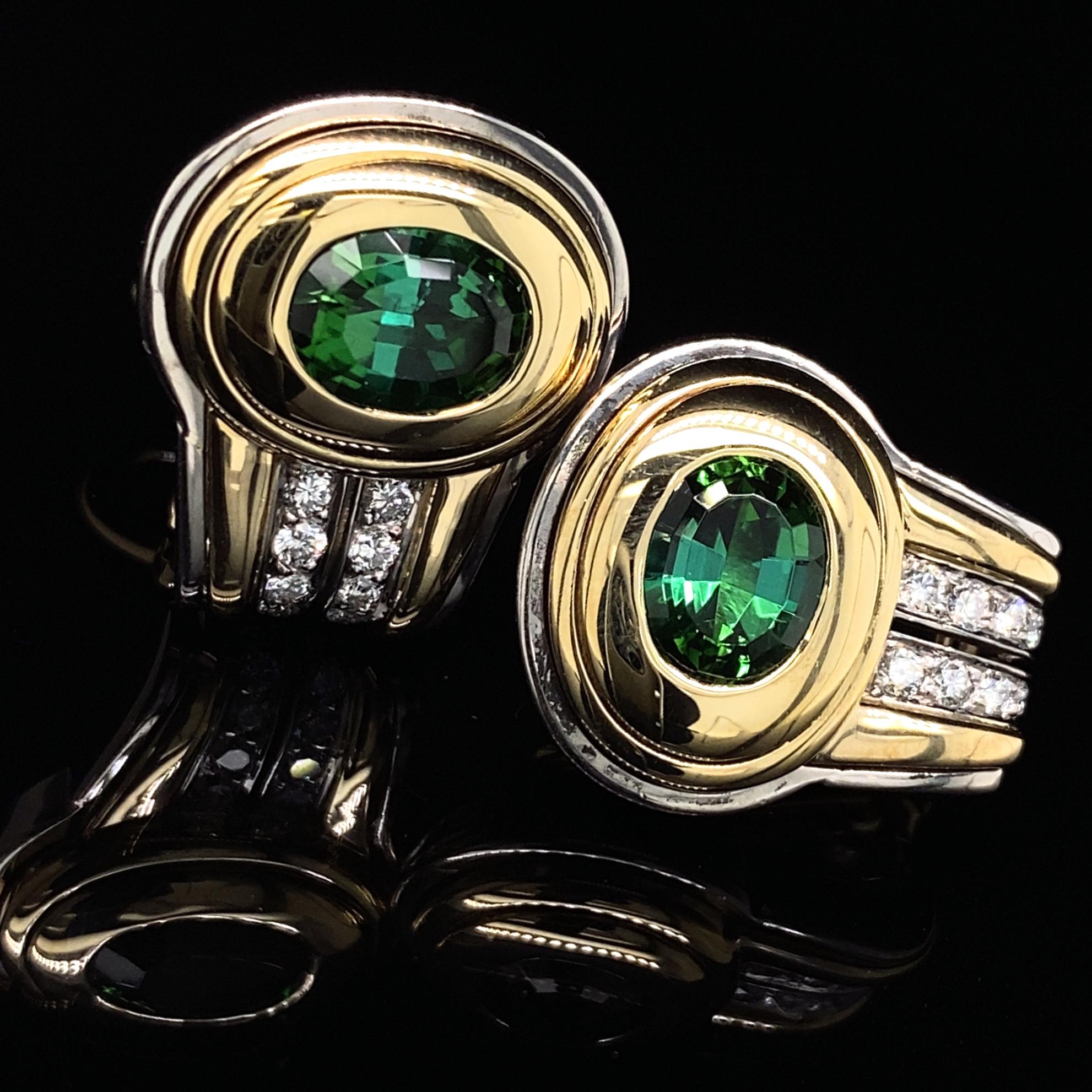 Green Tourmaline Omega Clip Post Earrings with White Diamonds in 18 Karat Gold For Sale 1