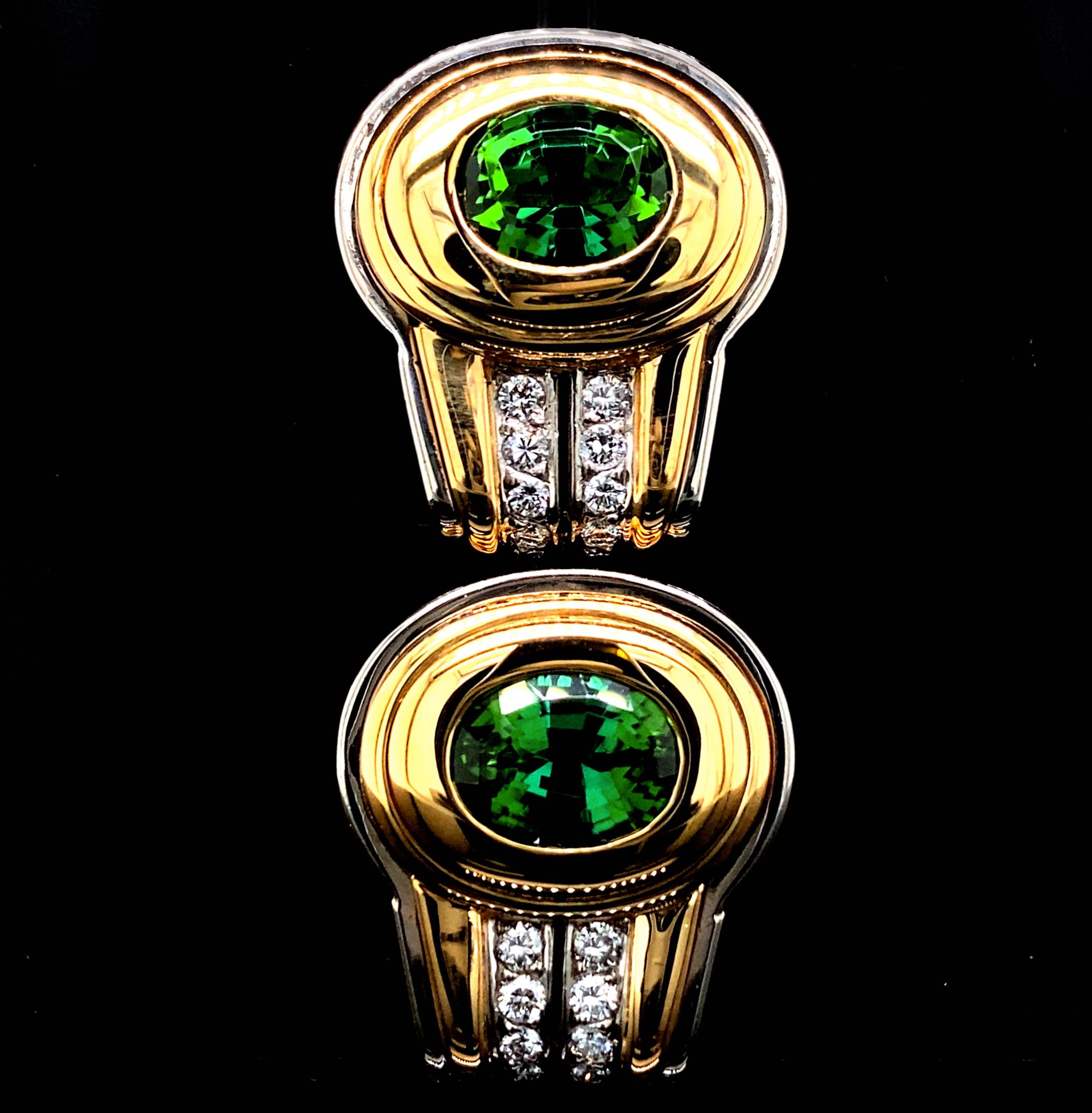 Green Tourmaline Omega Clip Post Earrings with White Diamonds in 18 Karat Gold For Sale 2