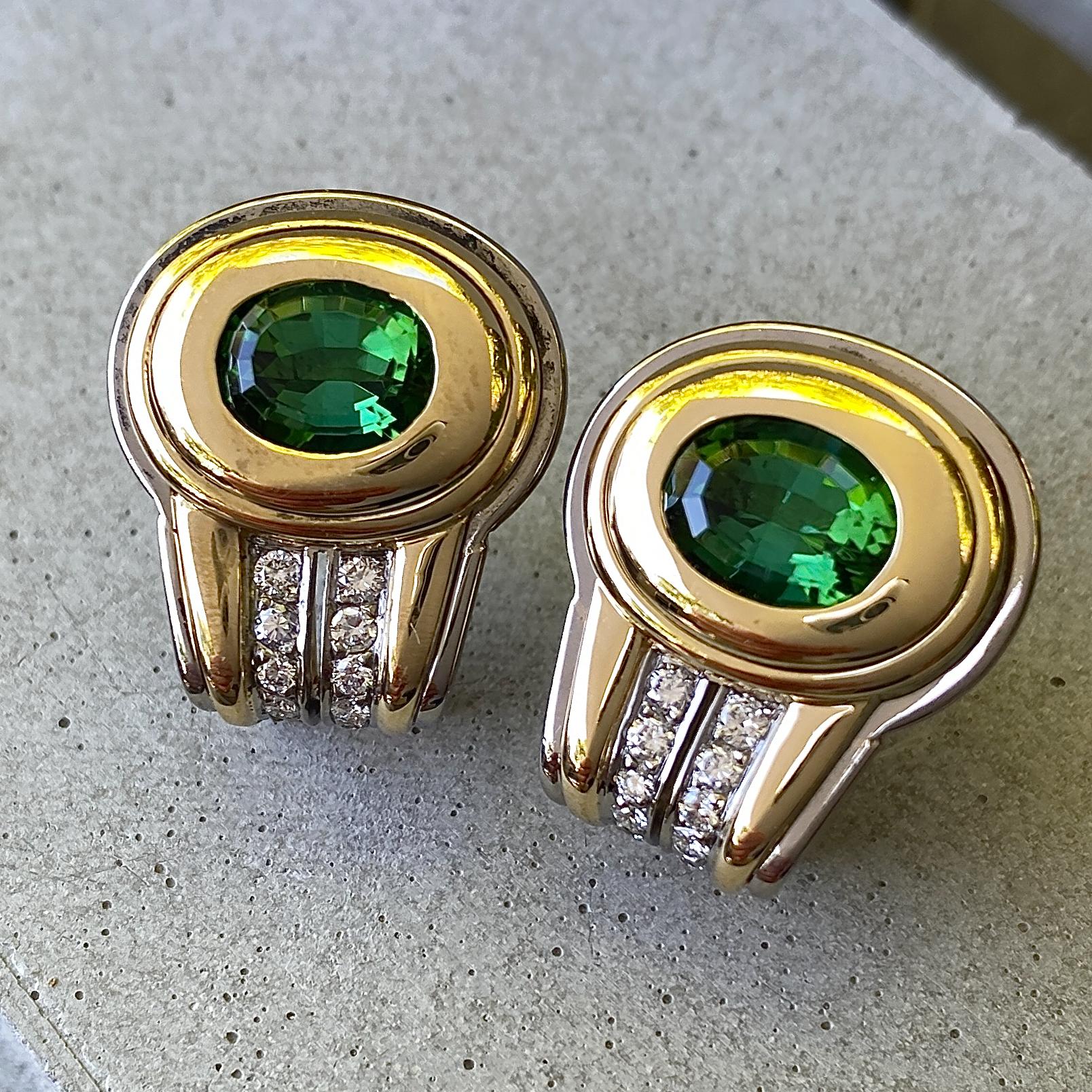 Green Tourmaline Omega Clip Post Earrings with White Diamonds in 18 Karat Gold For Sale 3