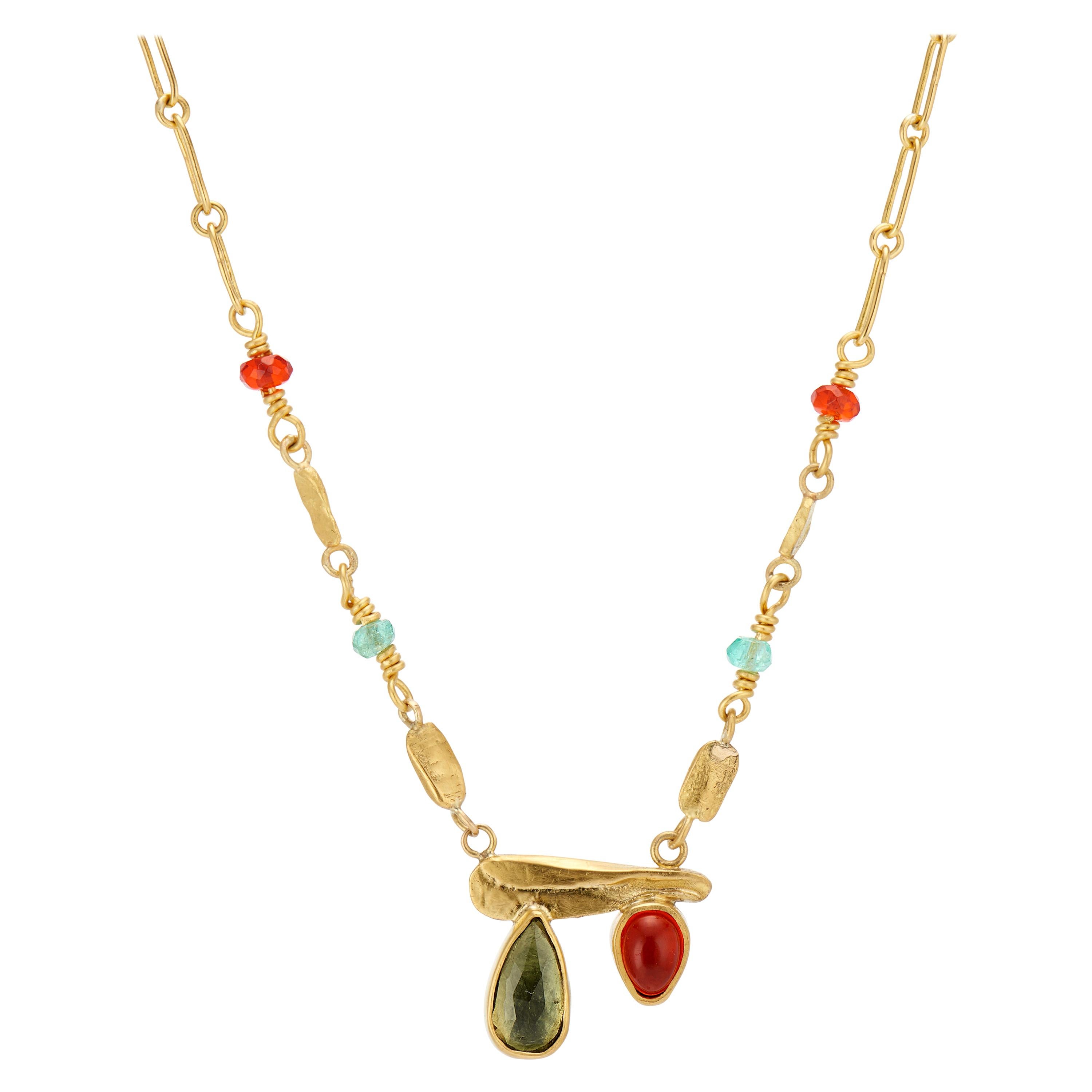 Green Tourmaline, Orange Fire Opal Cabochon, 22 Karat Yellow Gold Chain Necklace