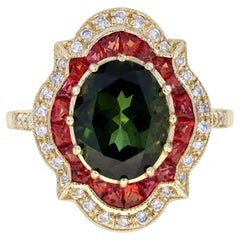 Green Tourmaline Orange Sapphire Diamond Ring in 14K Yellow Gold