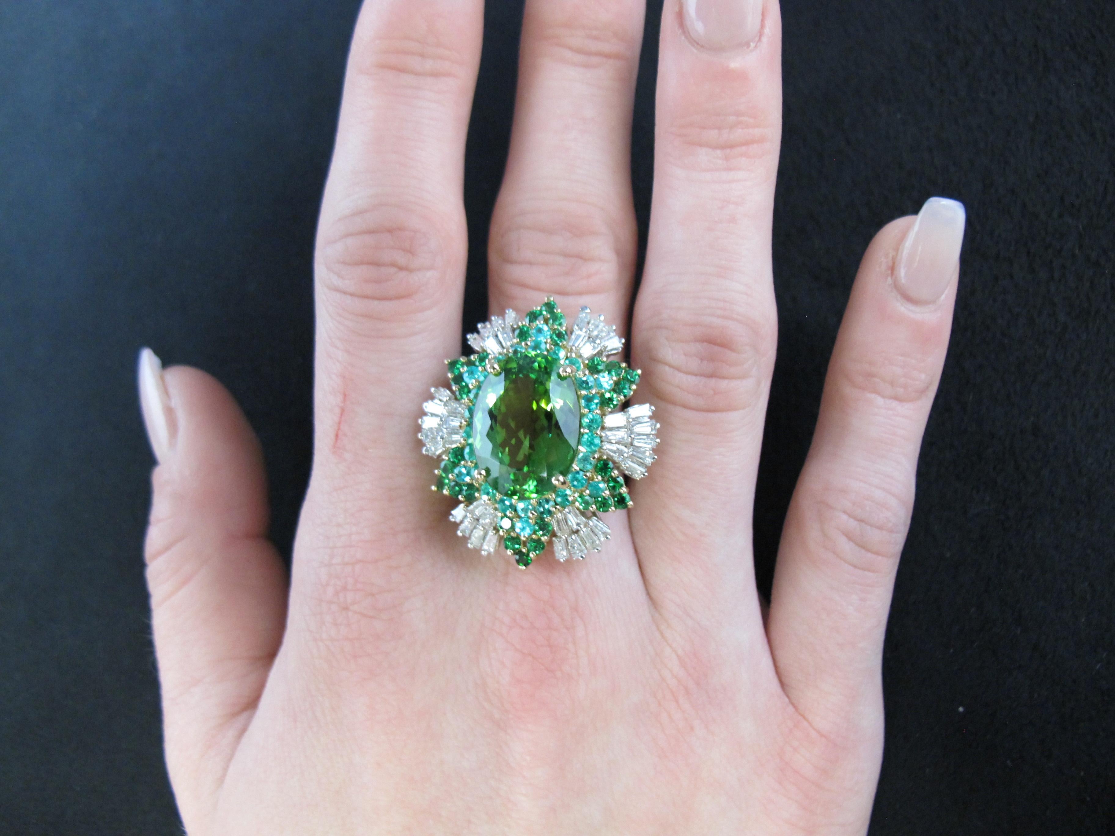 Artisan Green Tourmaline, Pariaba Tourmaline, Tsavorite Garnet, Diamond Cocktail Ring