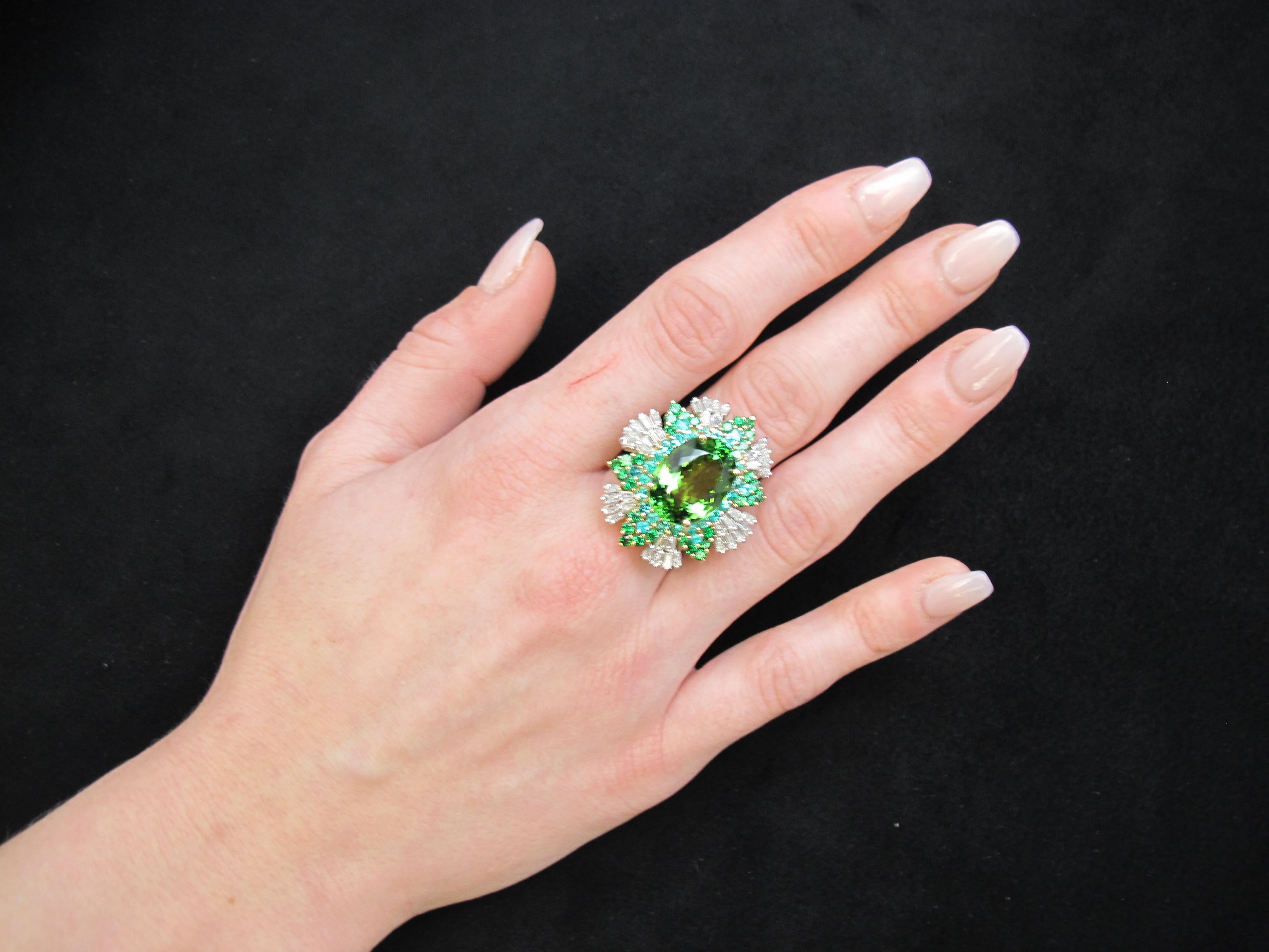 Oval Cut Green Tourmaline, Pariaba Tourmaline, Tsavorite Garnet, Diamond Cocktail Ring
