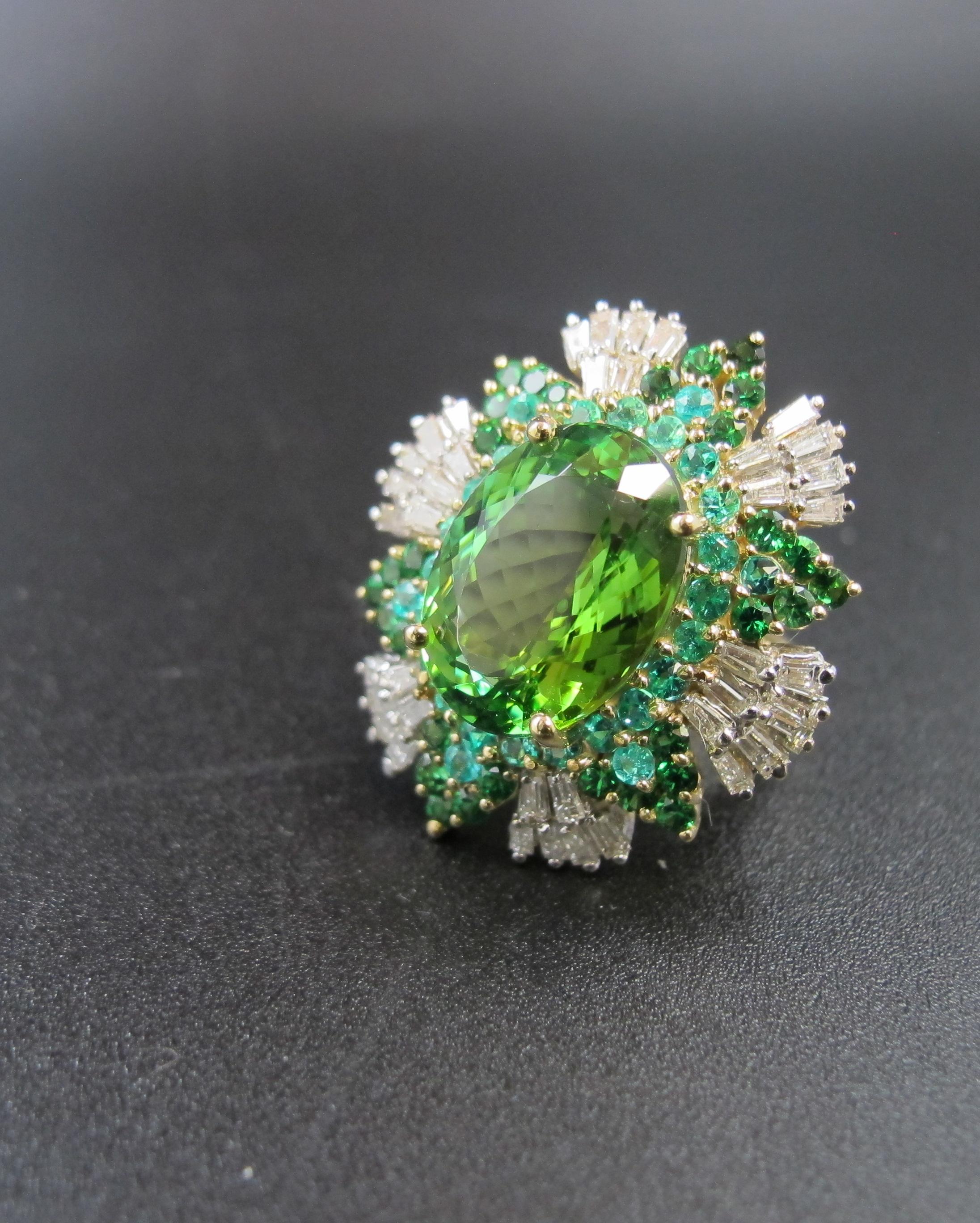 Green Tourmaline, Pariaba Tourmaline, Tsavorite Garnet, Diamond Cocktail Ring In New Condition In Los Angeles, CA